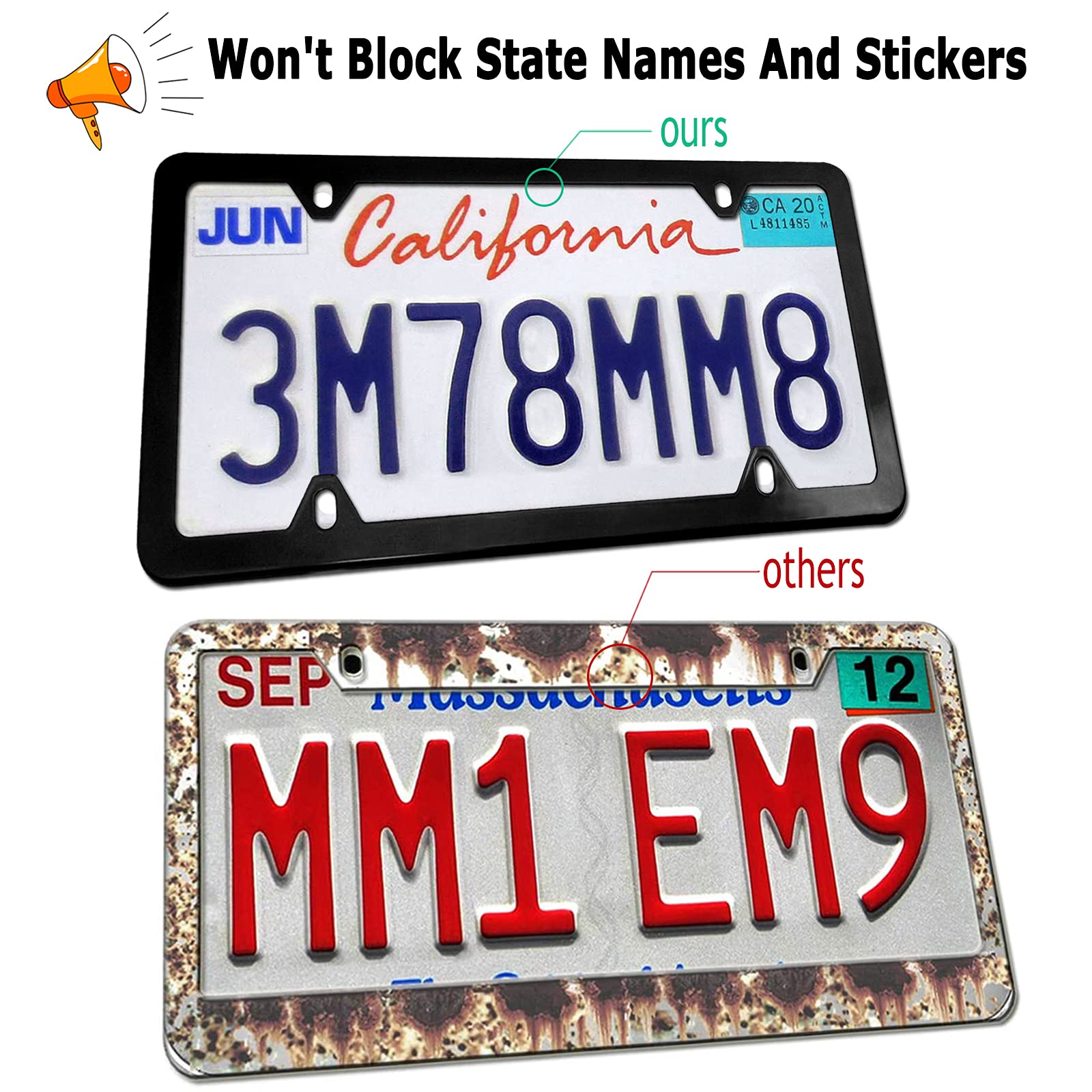 YoUoY Matte Black License Plate Frames- Aluminum Front & Rear Car Tag Covers for Men Women, 2 Pack 4 Hole Thin Slim Holders with