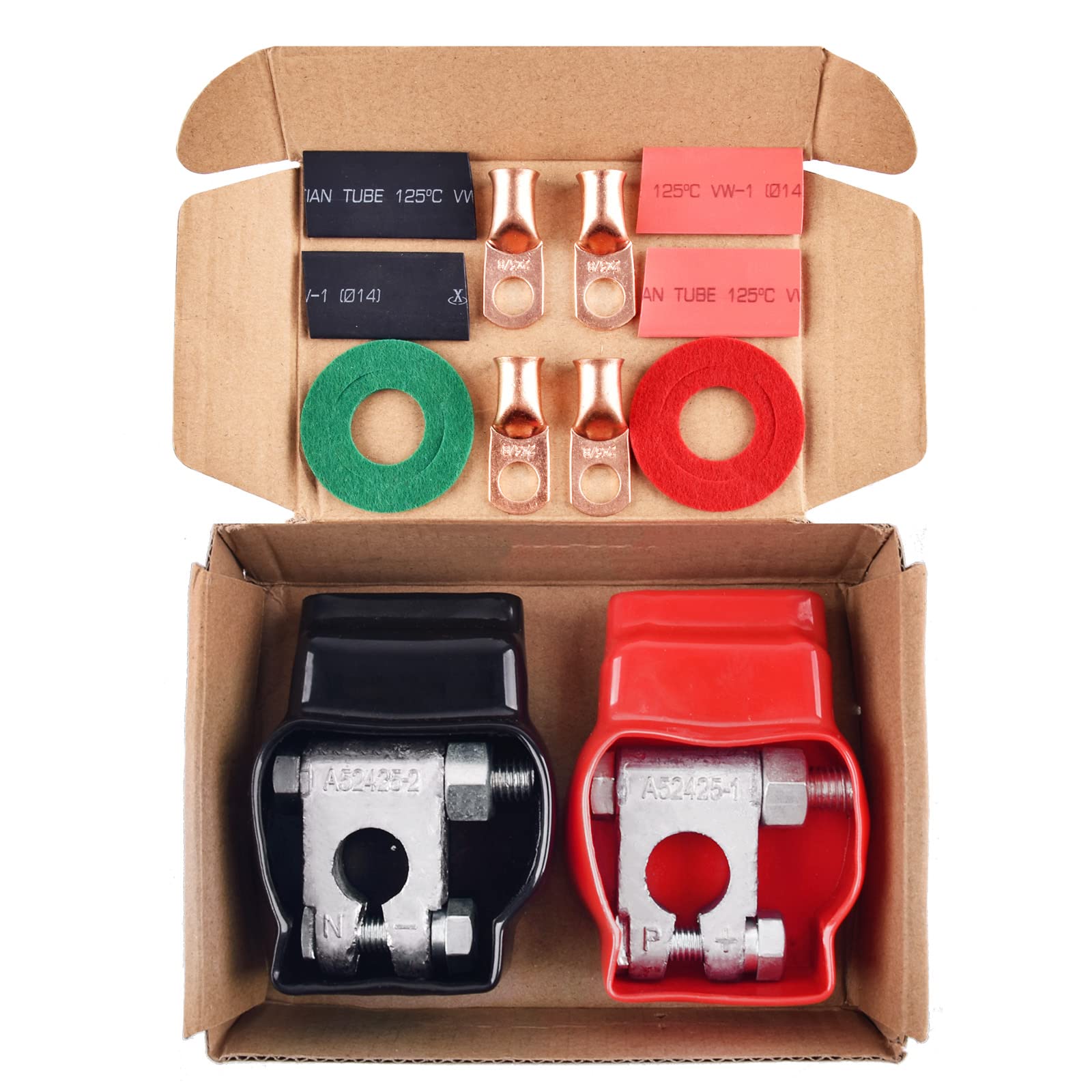 Battery Terminal Connectors, Military Spec Positive Negative Heavy Duty Auto Car Marine Battery Terminal,With 4 Pcs 2 Gauge 3/8' Copper Lugs,4 Heatshrink,2 Cover And Anti Corrosion Washers (Kit)