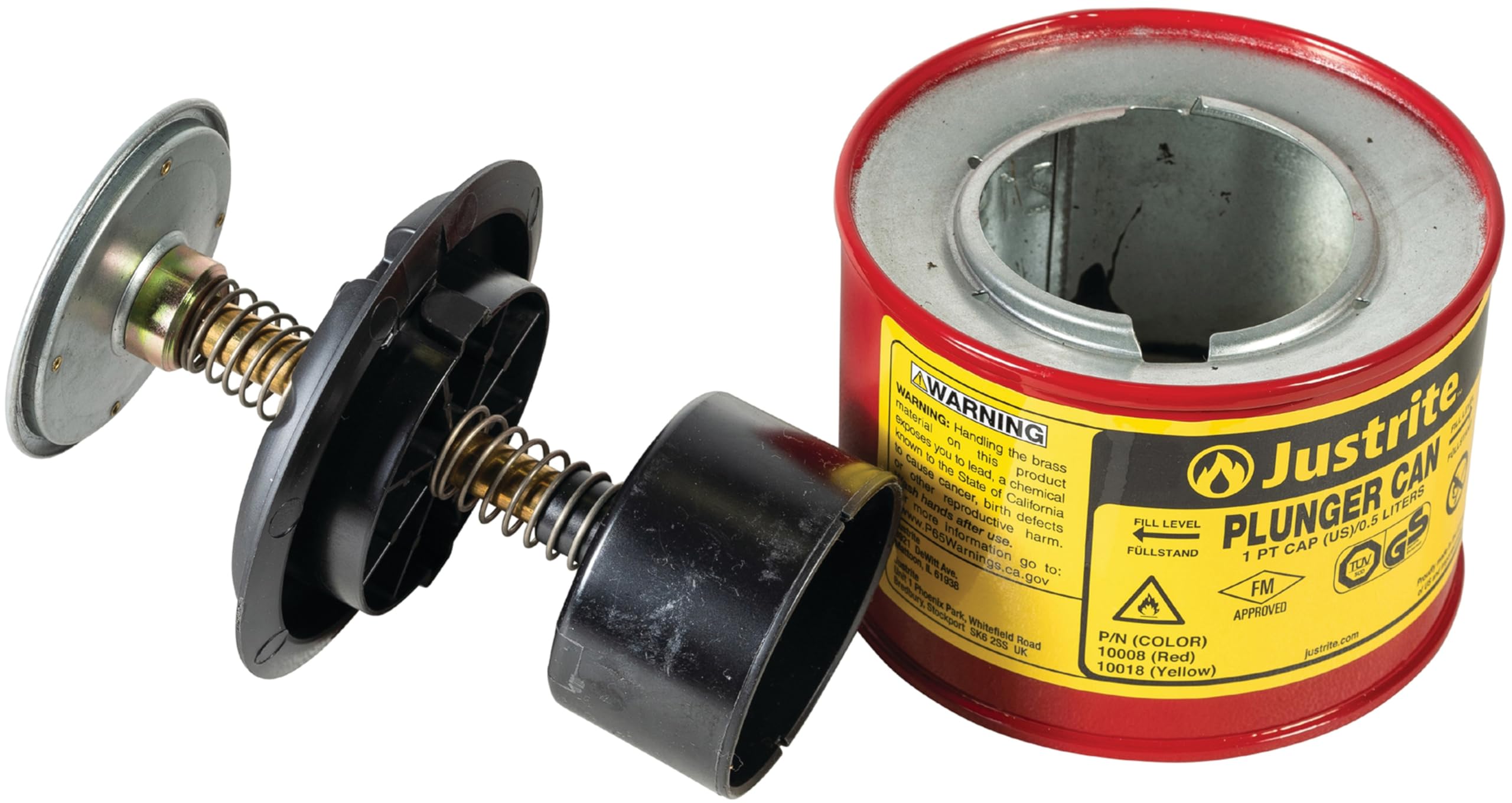 Justrite Plunger Can For Solvents, 1 Pint Capacity, 5.25'' X 4.9'' Steel Push-Down Solvent Dispenser Can, Made In The Usa Indust