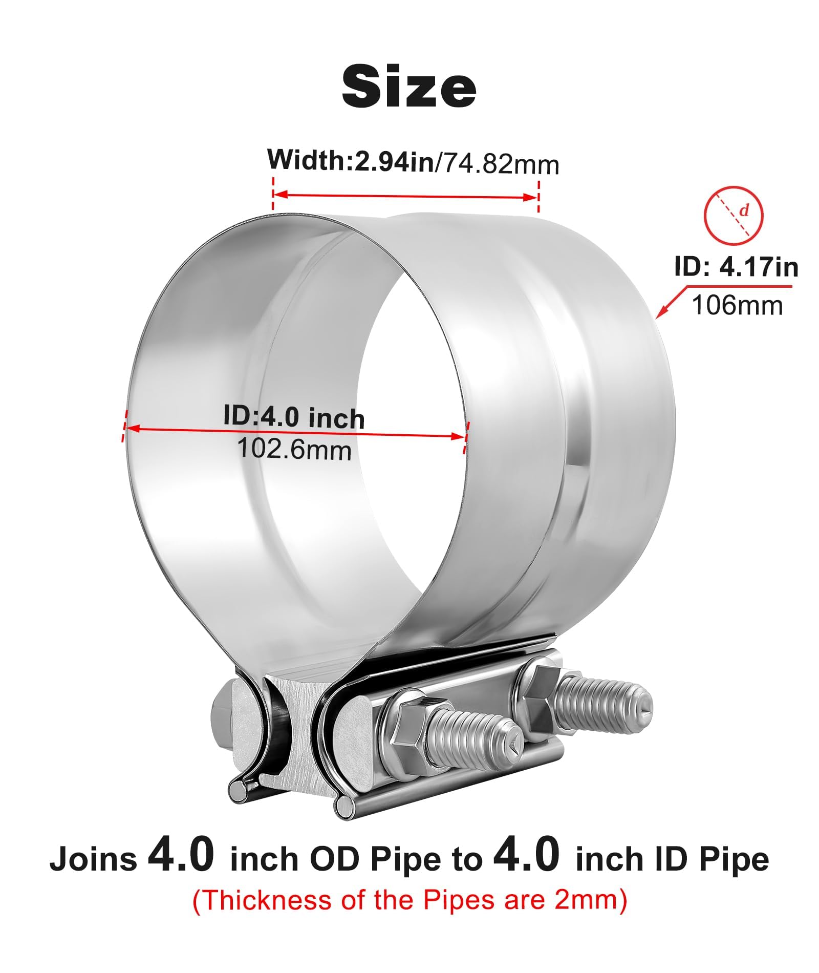 Evil Energy 4 ' ' Exhaust Clamp,Lap Joint Band Clamp Stainless Steel For Pipes,Mufflers,Catalytic Converters (2Pcs, 4 Inch)