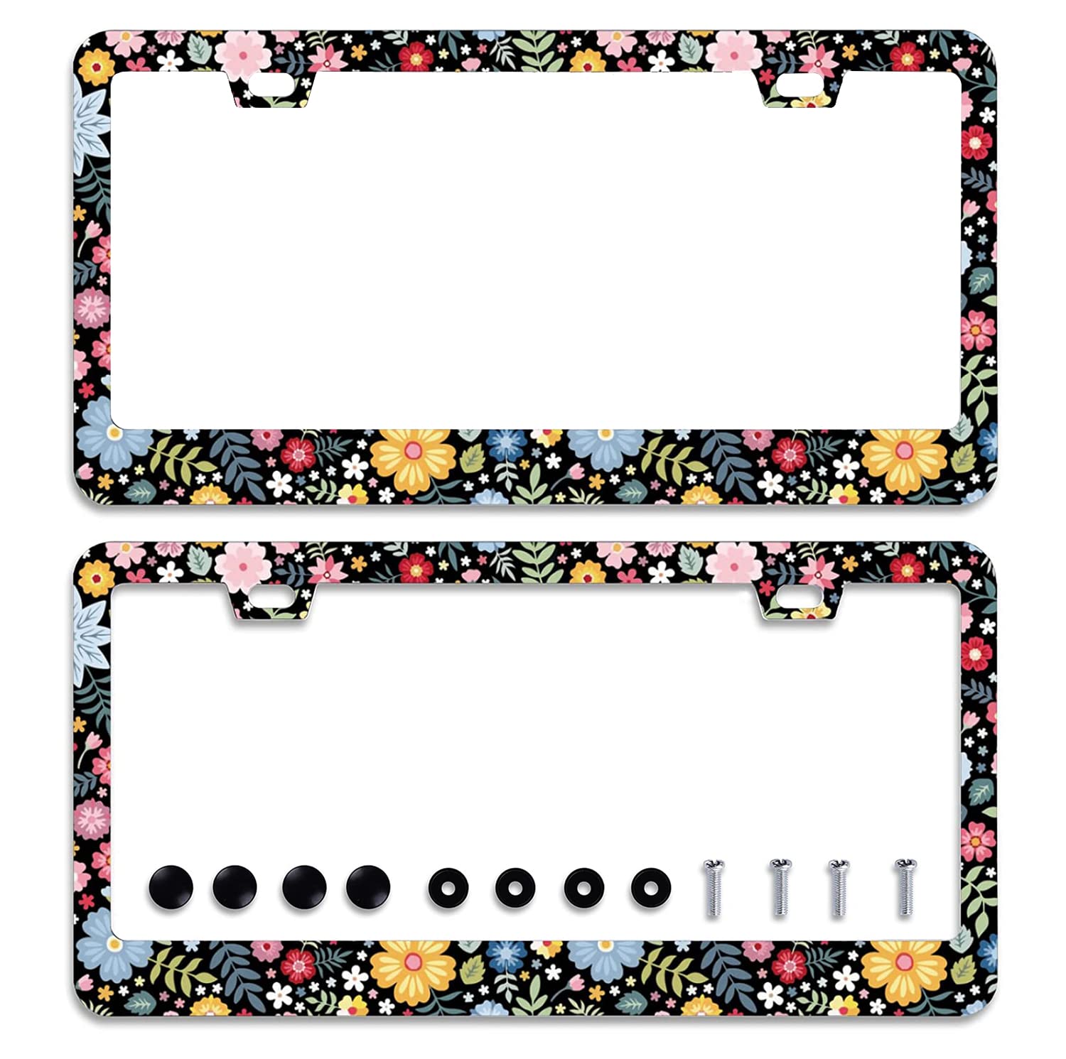2Pcs Colorful Floral Flowers License Plate Frame Personalise Cute License Plate Frames Car Rustproof License Plate Cover Accessories Screws Decor For Standard Us Canada License Plate Holder 12X6