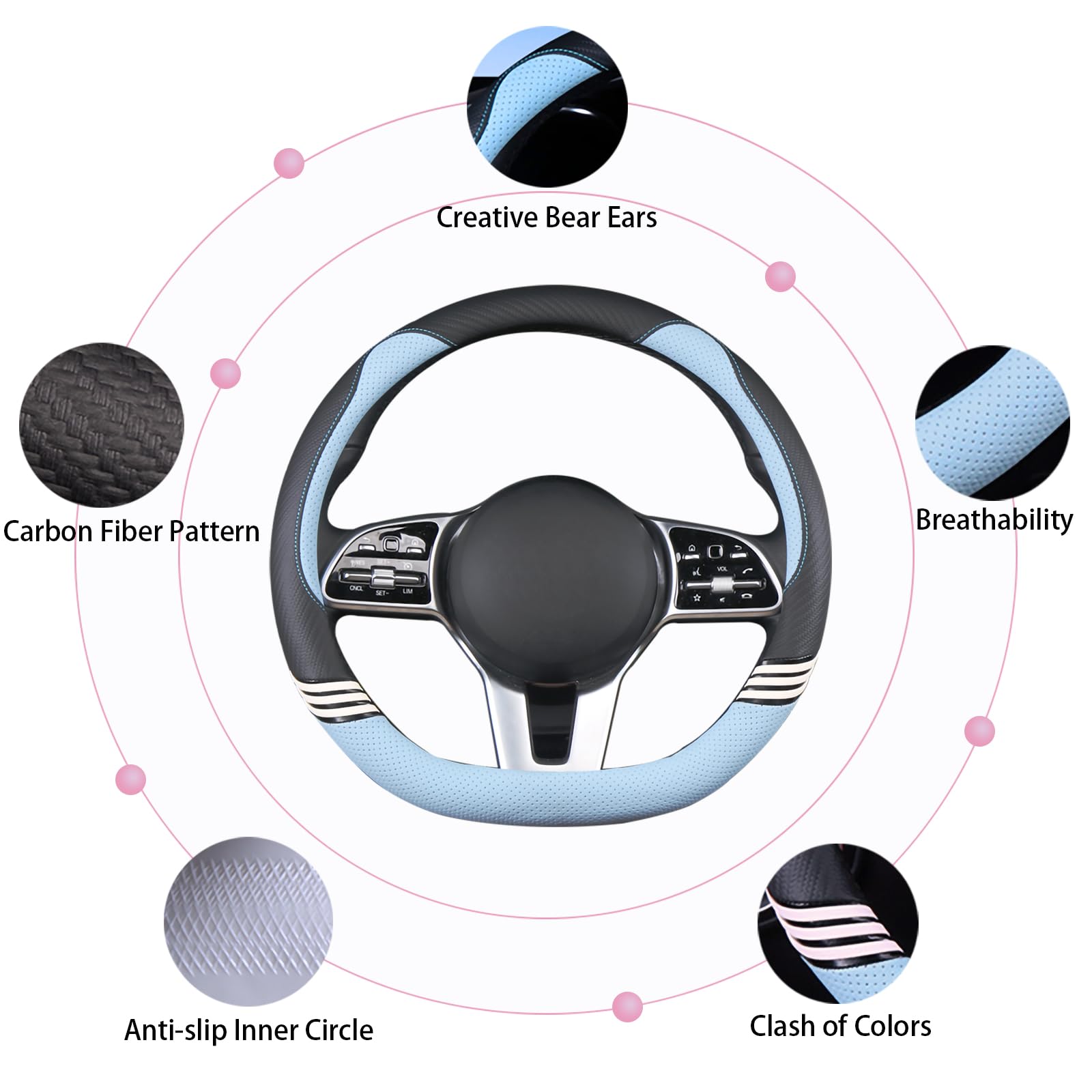 Binsheo Cute Steering Wheel Cover D Shape For Women Men Breathable Universal 15 Inch,Black And Blue