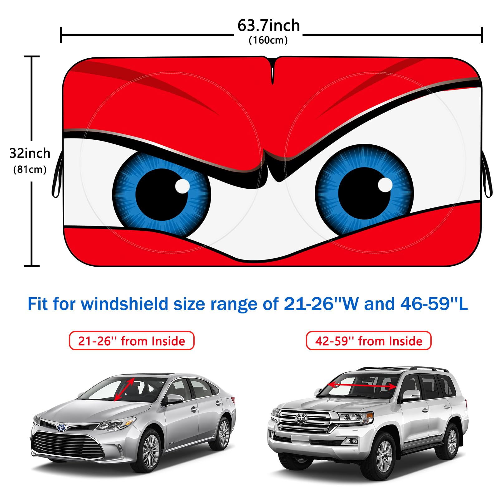 Car Windshield Sun Shade, Car Sun Shade Funny Car Eyes Sun Visor For Car Windshield, Wear-Resistant Black Tape, Foldable 63.7 ''