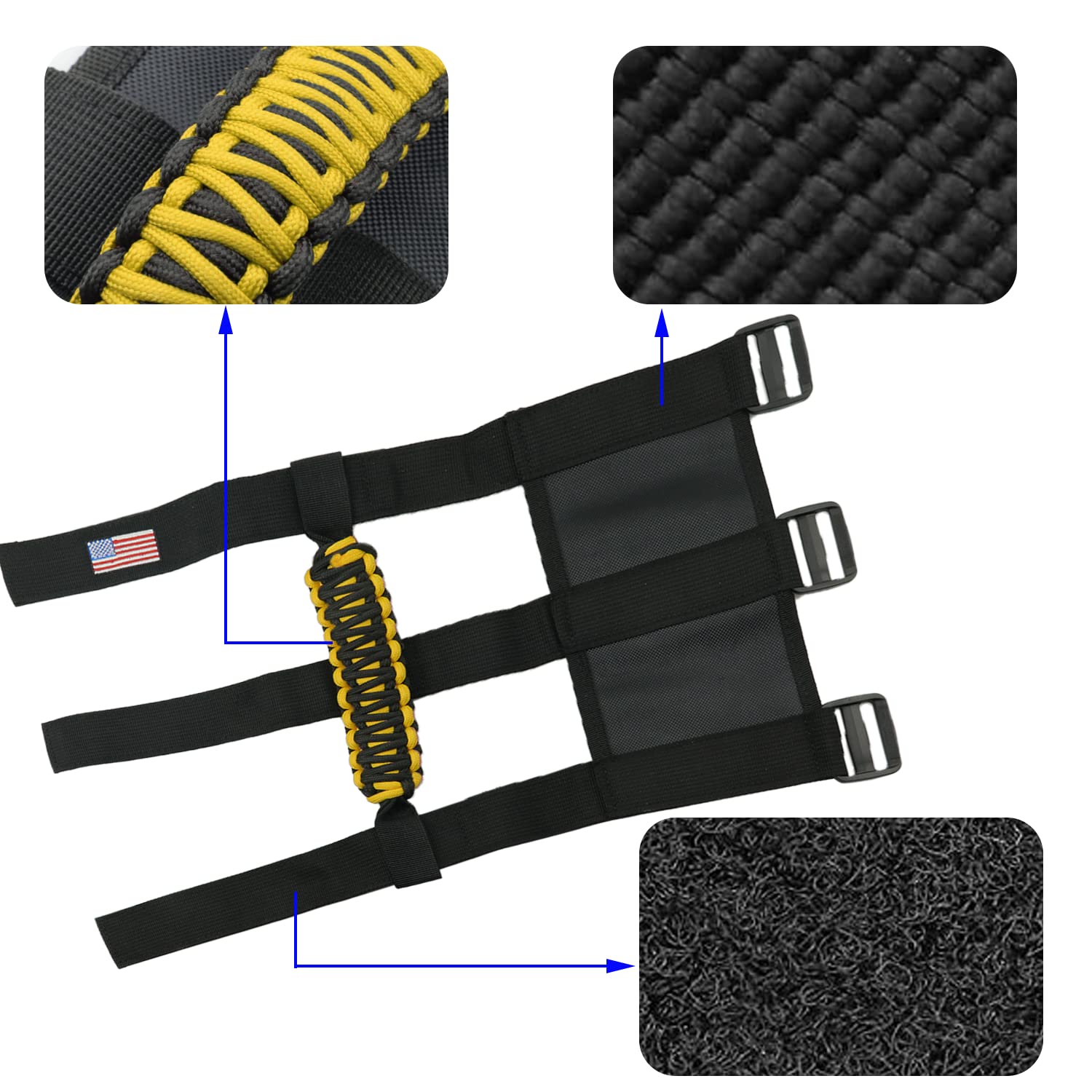 Kohuipu Roll Bar Grab Handles With Us Flag, Paracord Grip Handle For Jeep Wrangler Jk Jku Jl Jlu Tj Cj Yj & Gladiator Jt, Yellow