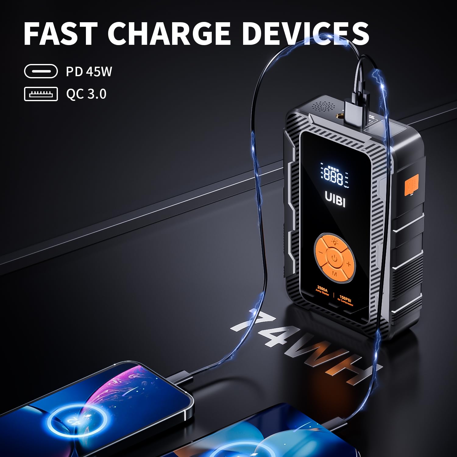 UIBI X6 Jump Starter & Air Compressor 150PSI, 2500A, 20000mAh, Portable Battery Charger for Gas & Diesel Engines, X6-Orange