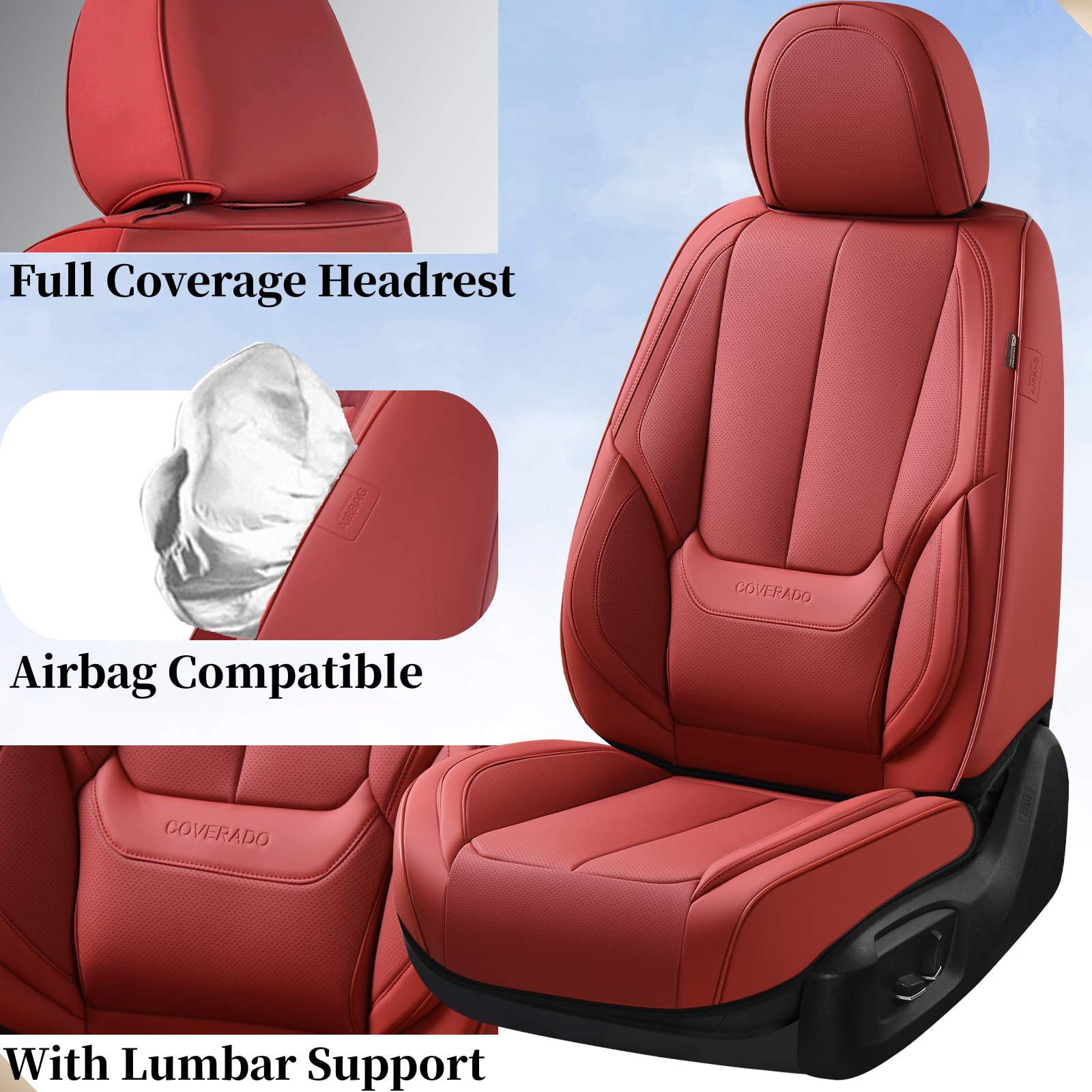 Coverado Car Seat Covers Full Set, Seat Covers For Cars, Red Car Seat Cover, Car Seat Protector Waterproof, Nappa Leather Car Se