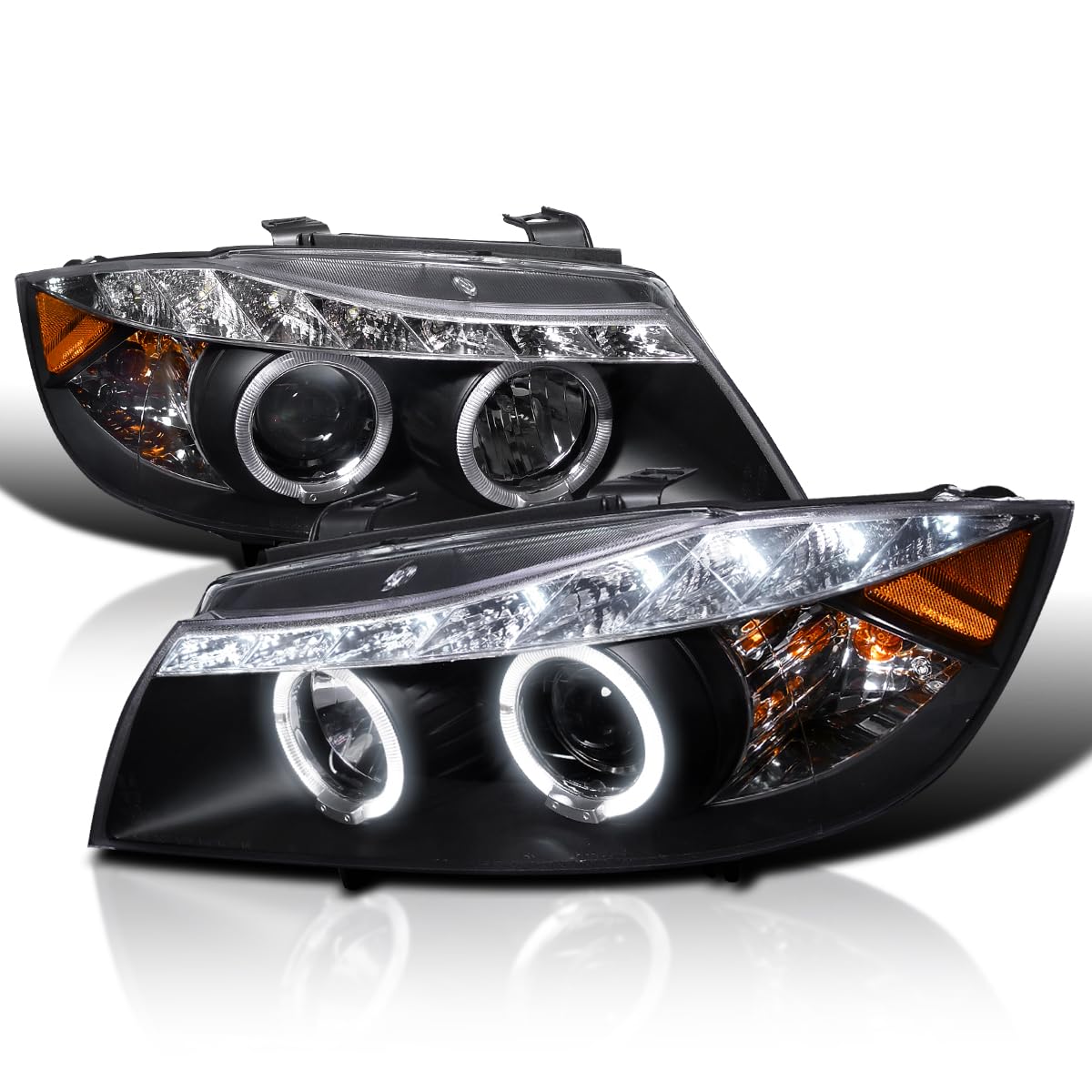 Spec-D Tuning LED Strip Black Projector Headlights Compatible with 2006-2008 BMW E90 3-Series 4 Door Sedan, Left + Right Pair He