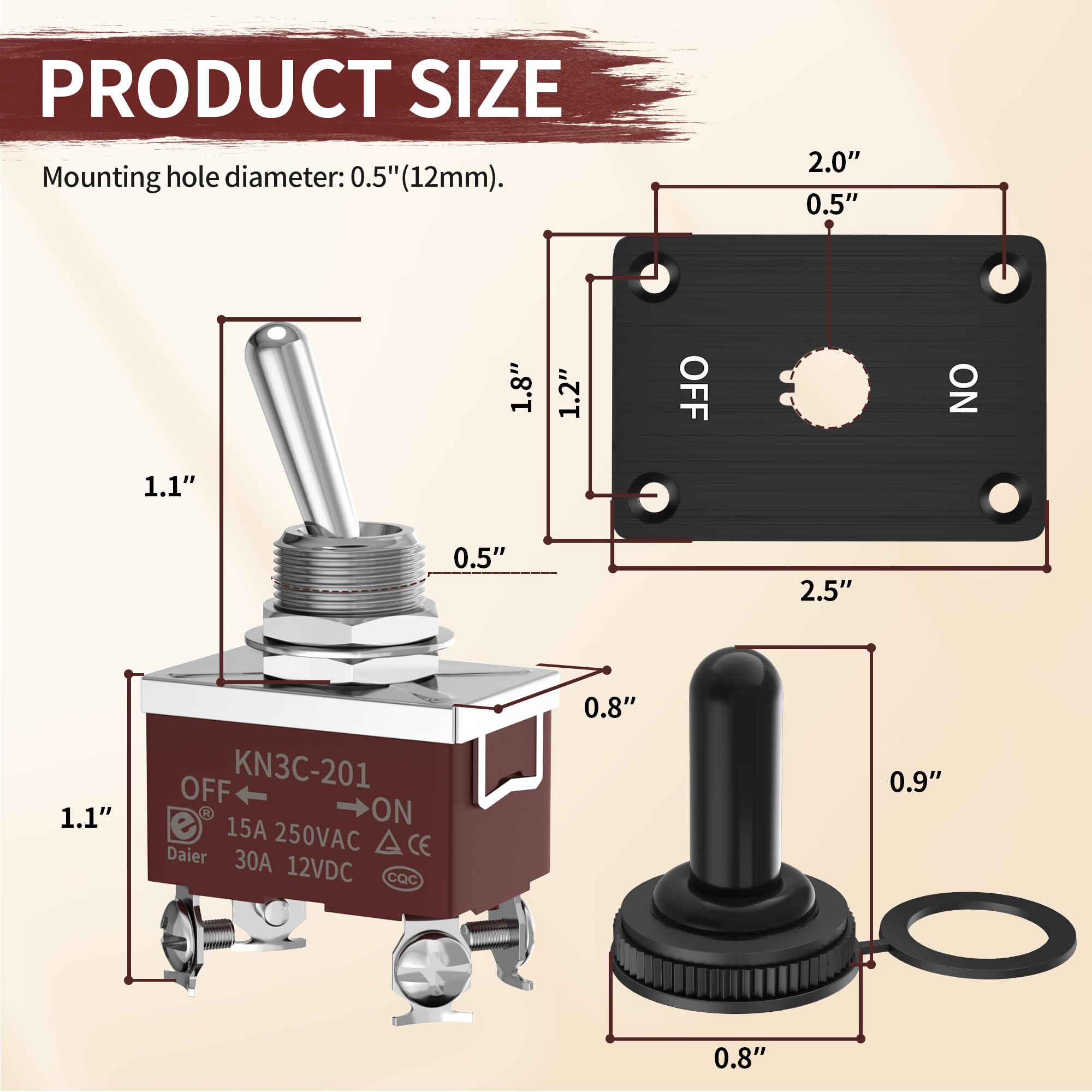 RVMARINEPAT Toggle Switch Waterproof ON/Off DPST 4 Pin 30A 12V DC 20A 120V AC Toggle Rocker Switch 2 Way with Mounting Panel Cov