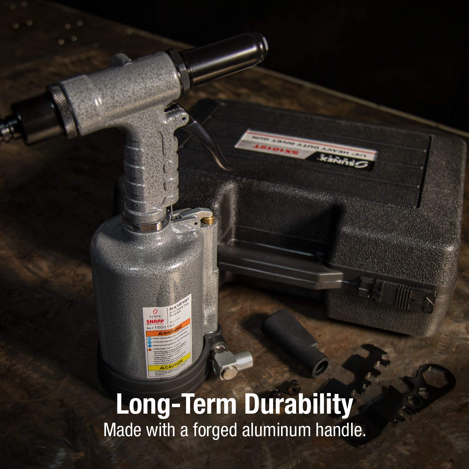 Sunex Tools Sx1819T, Heavy Duty Rivet Gun, Sets 3/16” And ¼” Rivets, 3690 Lbs Traction Power, Nose Pieces Included, Forged Aluminum Handle, Storage Case