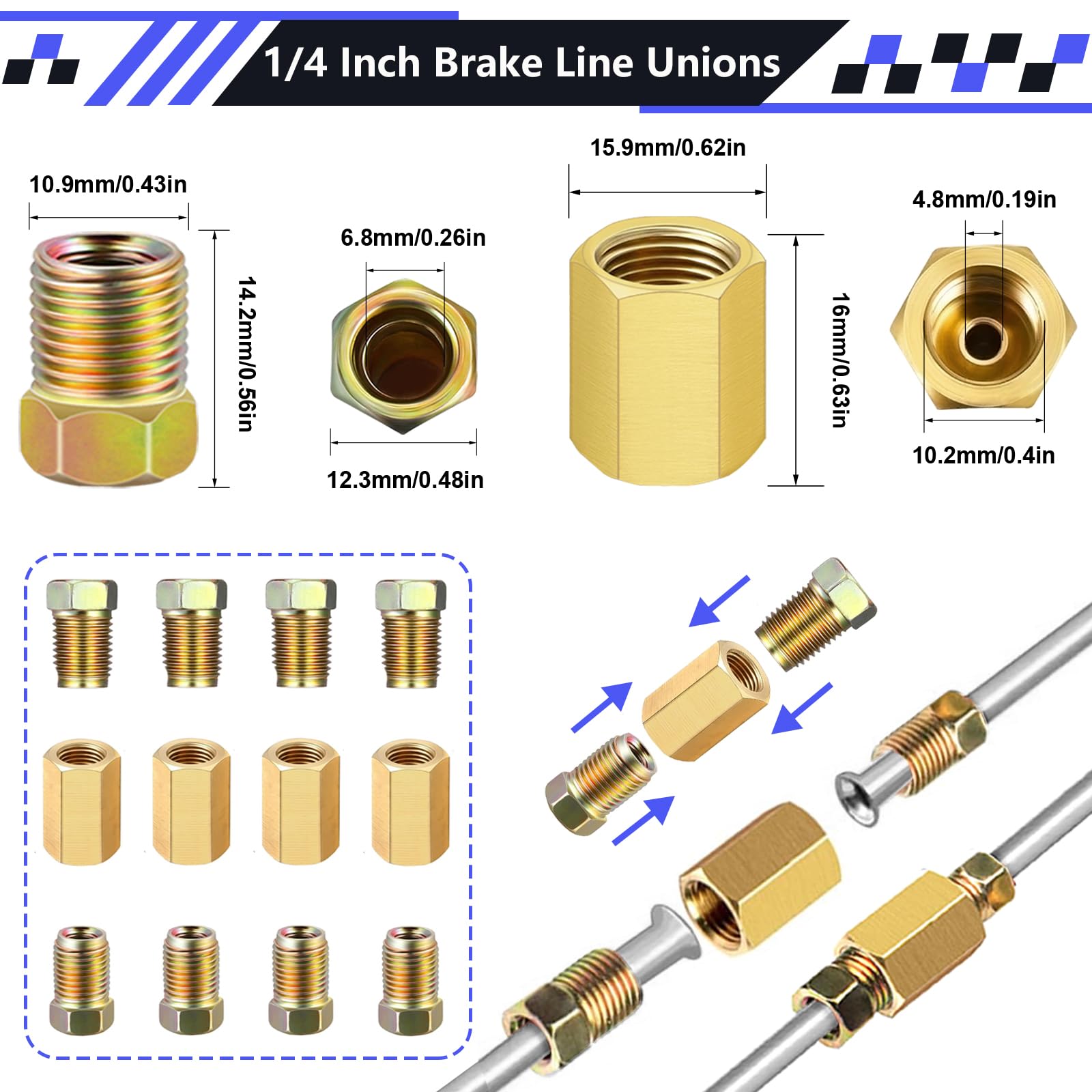smseace 2Sets 25Ft. 1/4 '' Brake Line Tubing Kit with Brake Line Fittings(Includes 32pcs Fittings and 4pcs Unions+8pcs Nuts) Zin
