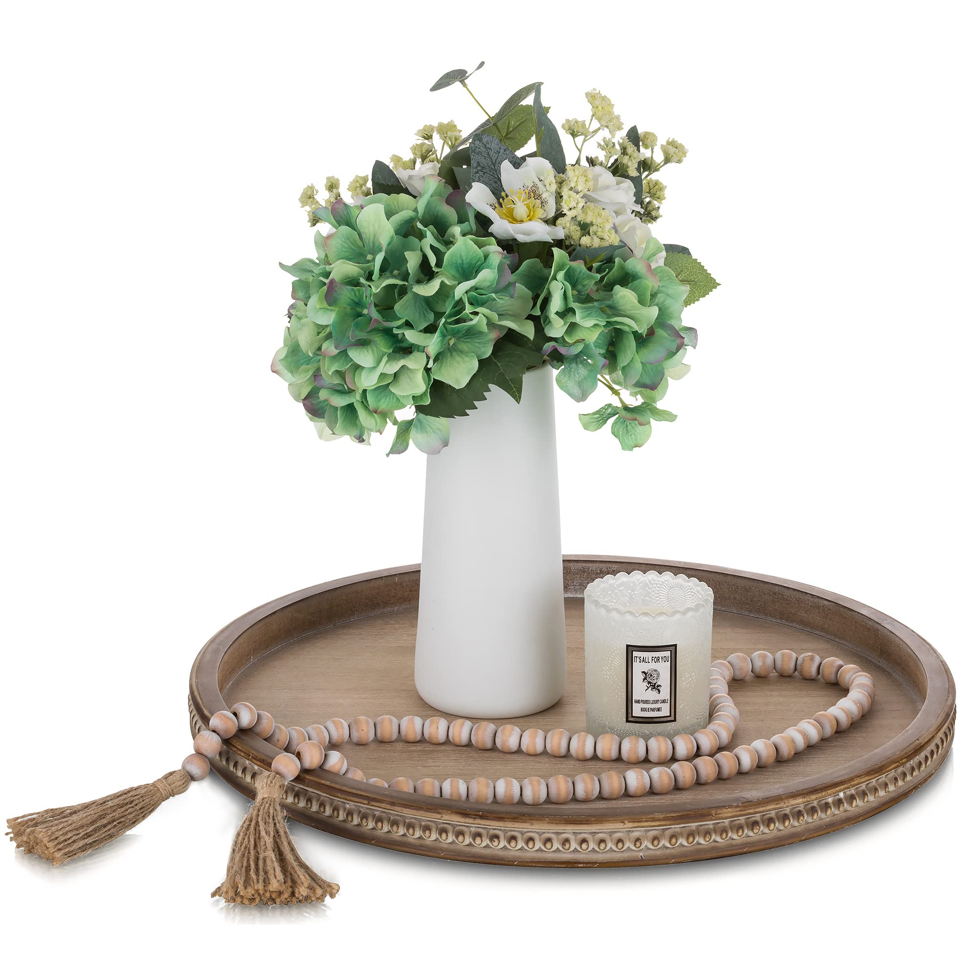 Hanobe Large Round Decorative Tray: Coffee Table Beaded Tray Rustic Wood Trays Decor Farmhouse Ottoman Circle Tray Vintage Cente