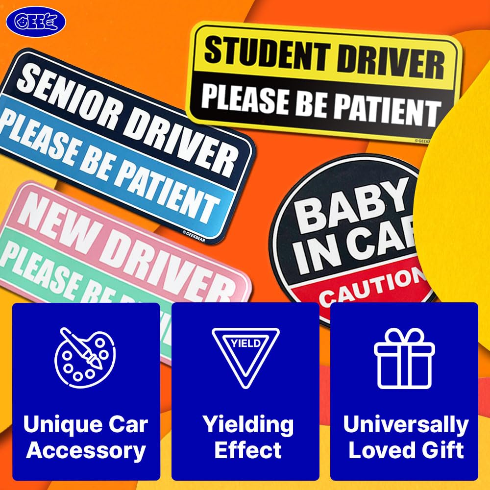 Geekbear Student Driver Car Magnet - Colorful, Reflective, Weather-Resistant - Rectangular 8.7 X 3.5 In (Light Pink/Turquoise)