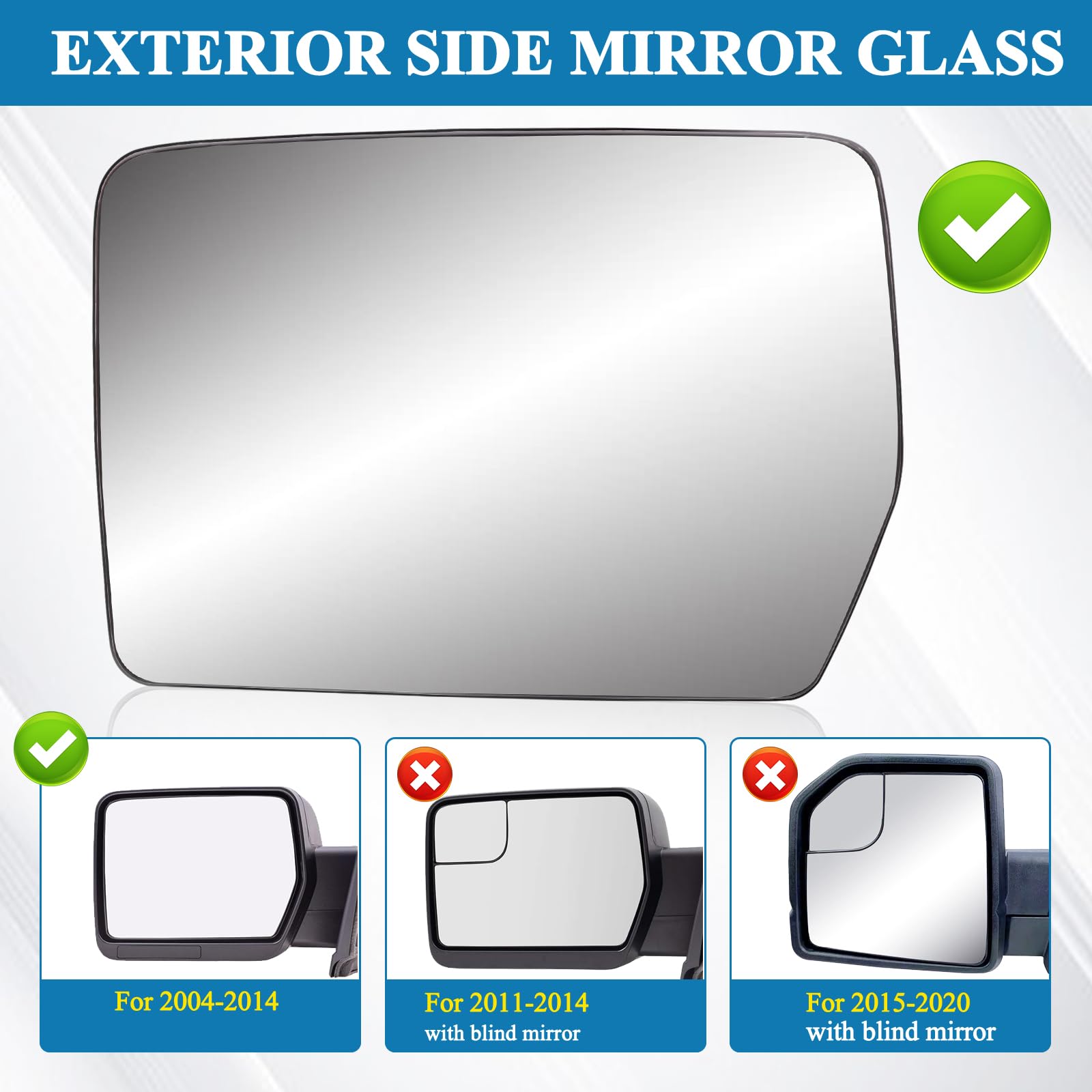 Passenger Right Side Heated Mirror Glass Compatible with 2004-2014 Ford F150 - Side Rearview Convex Mirror w/backing Holder - Re