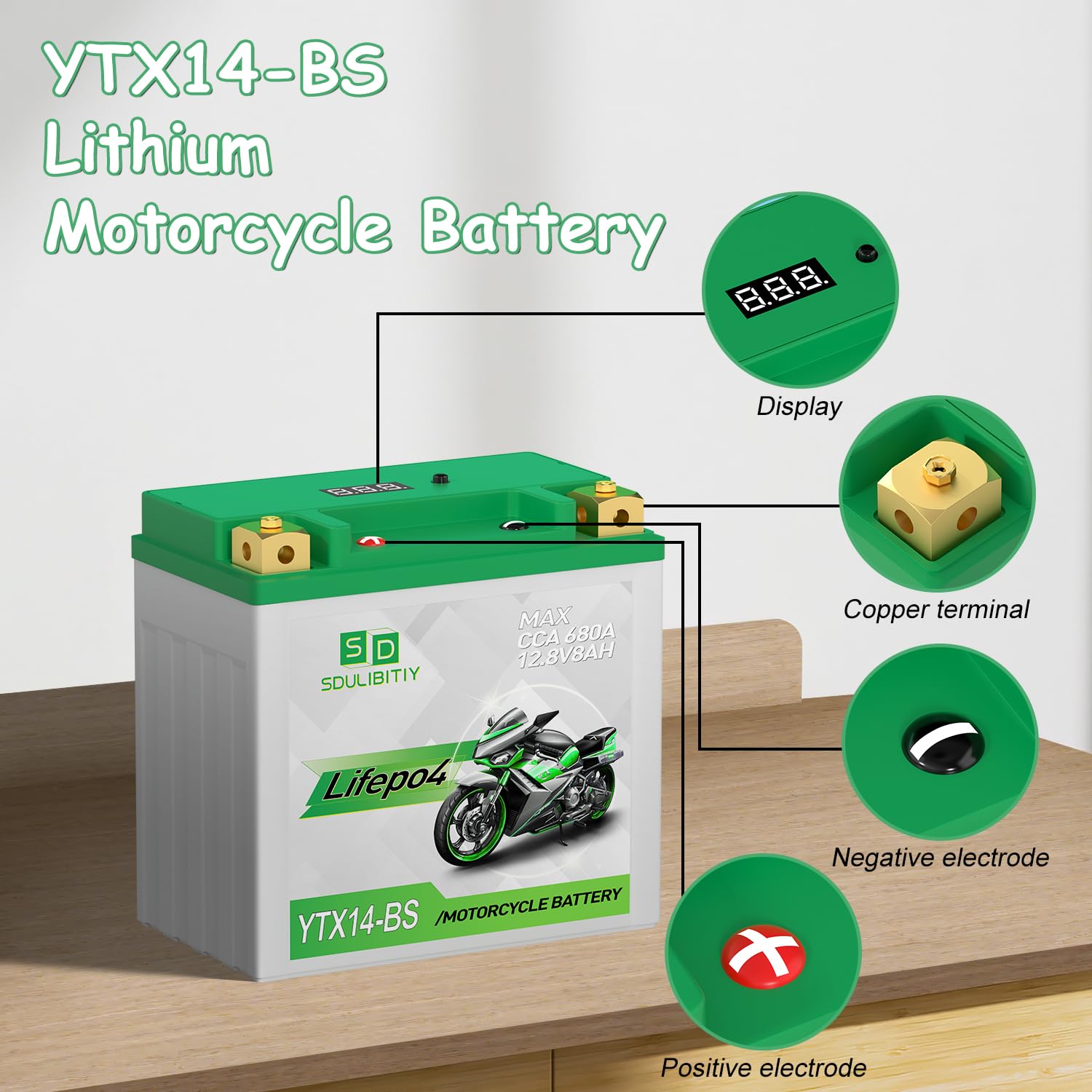 Lithium Motorcycle Battery LiFePO4 YTX14-BS 12.8V 8Ah 680CCA Powersports Battery For Motorcycle, Compatible ATV, UTV, Jet Ski,Ge