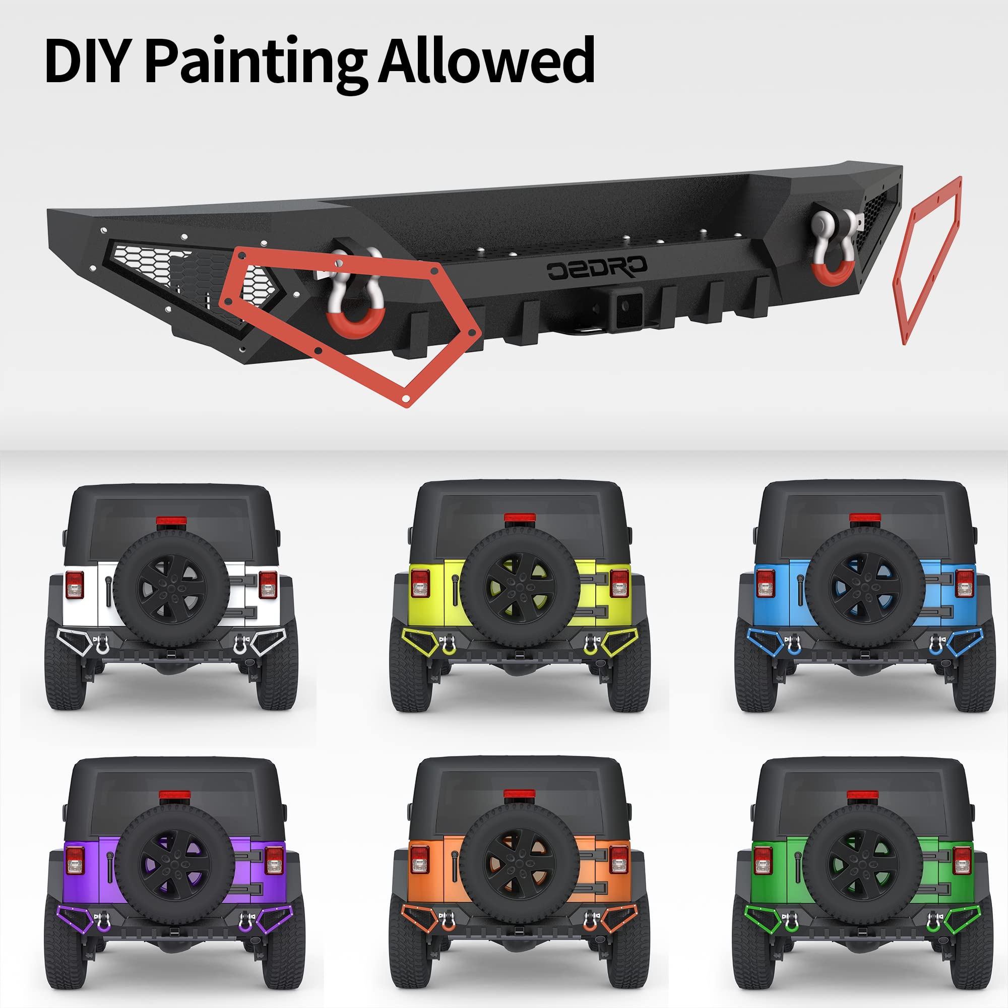 Oedro Off Road Rear Bumper Combo Compatible With 2007-2018 Jeep Wrangler Jk & Jku Unlimited (2/4 Doors), Full Width Back Bumper With Hitch Receiver & 2 X D-Rings