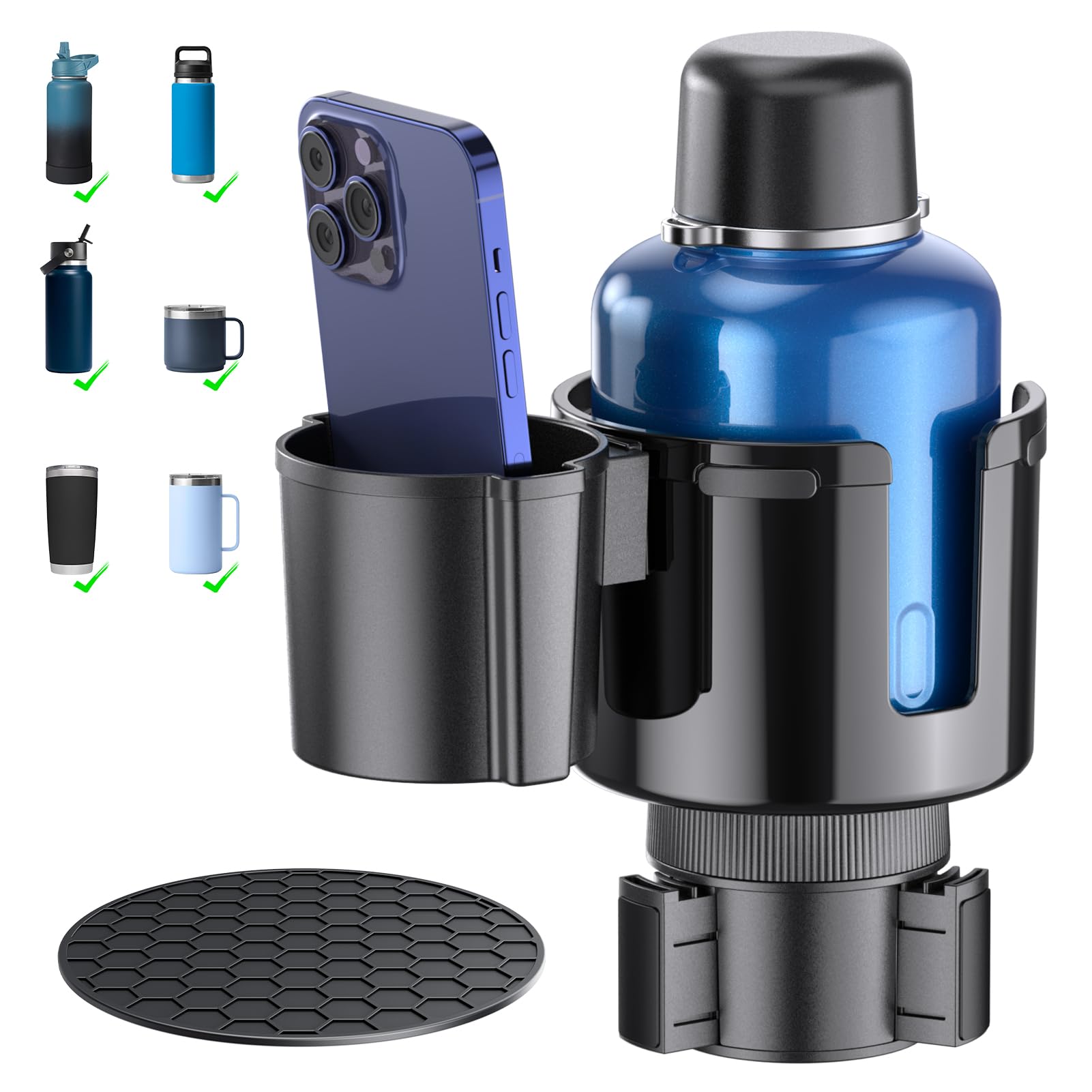 2-in-1 Car Cup Holder Expander, Upgraded Cup Adapter for Car with Offset Option,Phone Holder - Adjustable Base,Versatile Car Acc