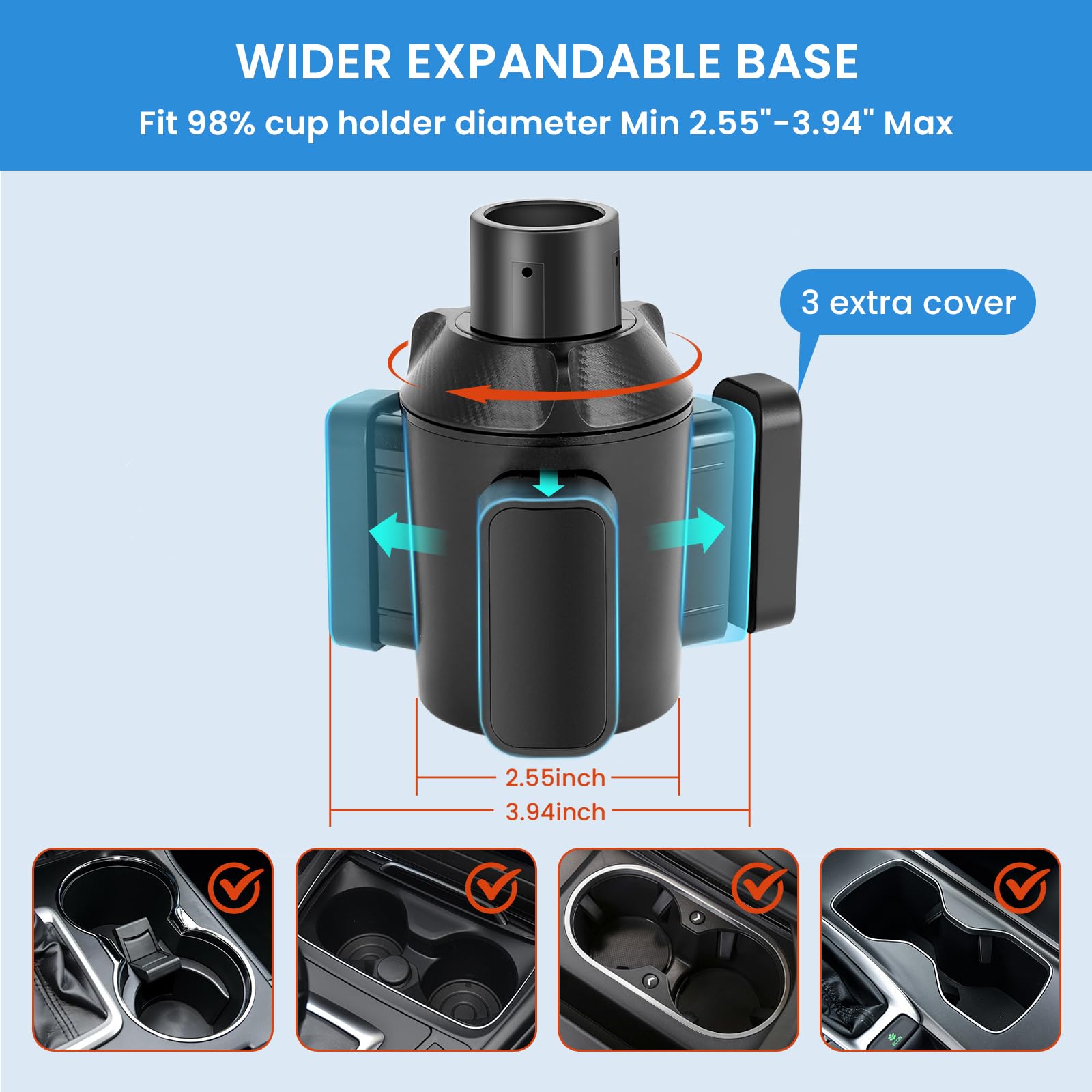 Cup Holder Expander For Car With Adjustable Holder & Base, Compatible With 10 To 64 Oz Yeti Ramblers, Stanley, Hydro Flask, Nalg