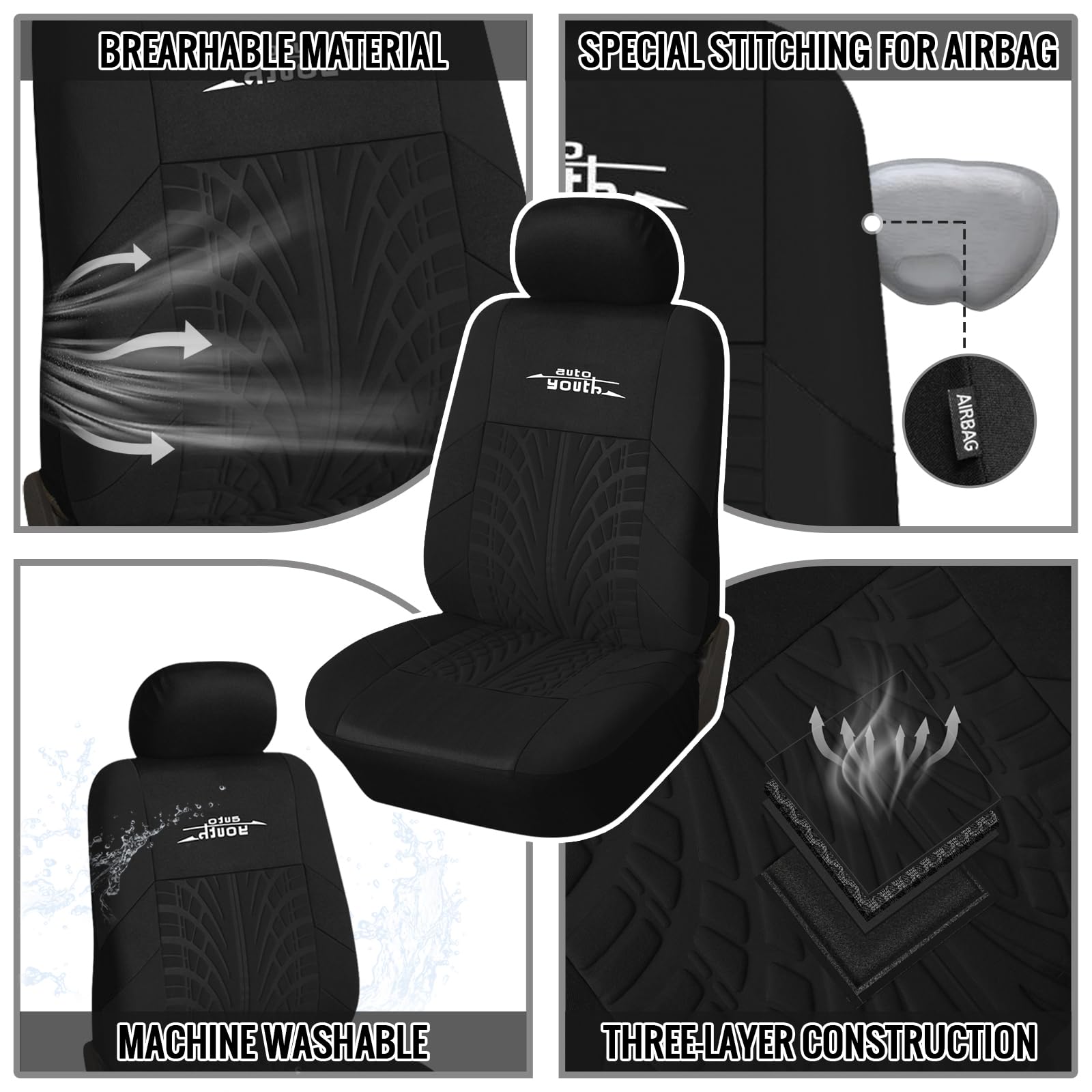 Autoyouth Black Car Seat Covers Full Set, Front Seat Cover With Split Bench Car Seat Cover Set For Women Full Set Seat Protector