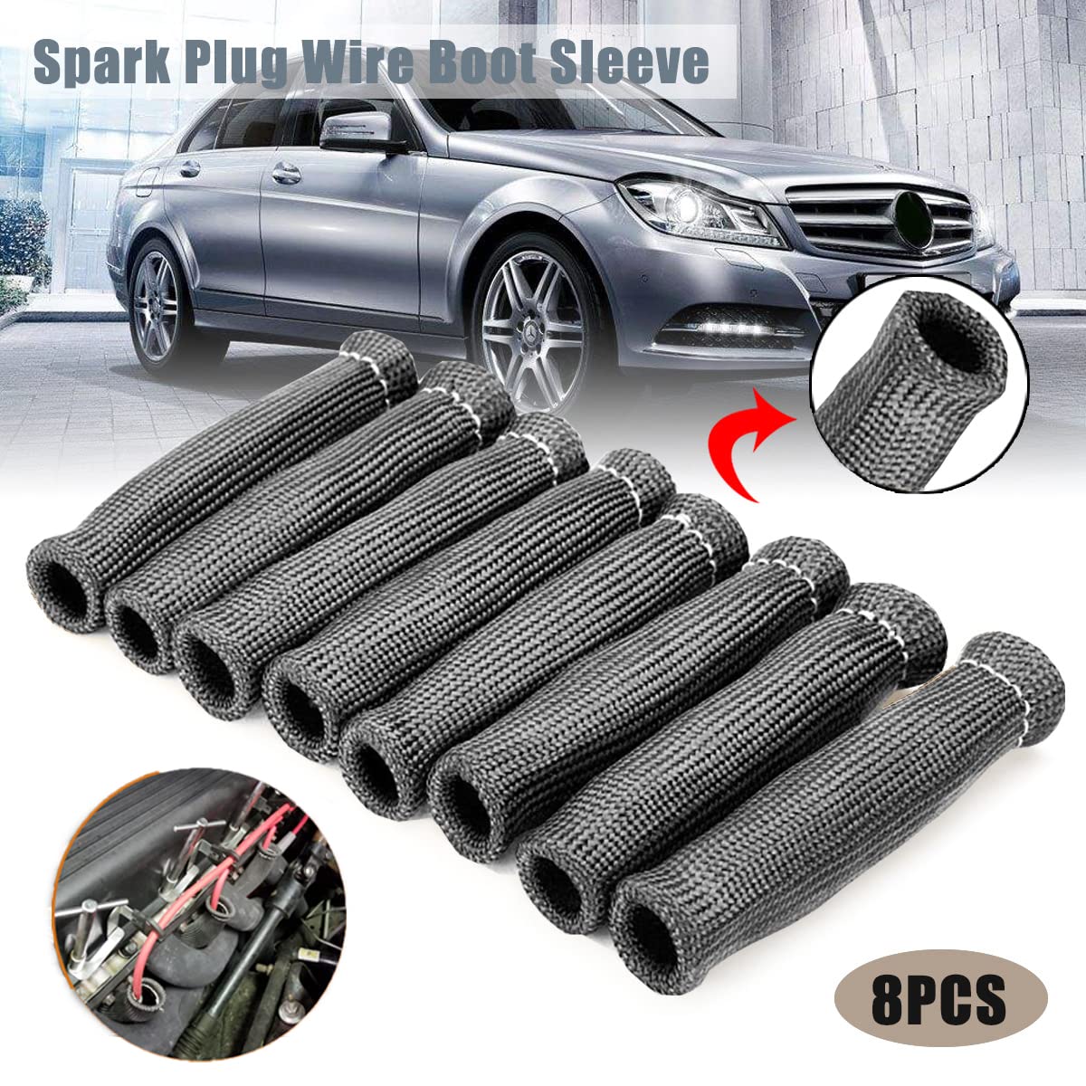 Spark Plug Wire Boots Thermal Protection Insulator Sleeve, 1200 Degree Heat Shield Cover Wrap 6 Inch For Car Truck 8Pcs(Black)