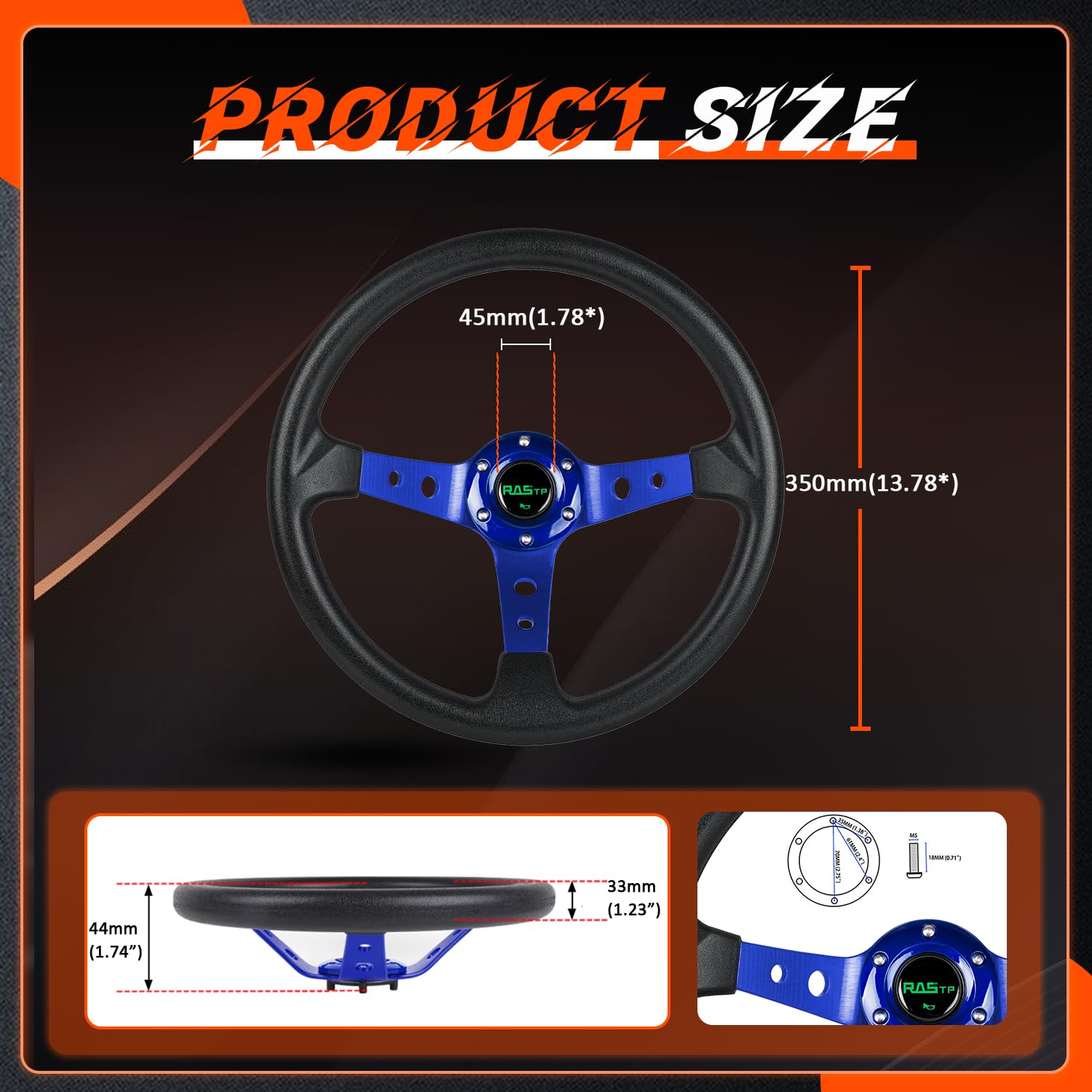 Rastp Universal Racing Steering Wheel,Drifting Deep Dish Steering Wheel 13.8   /350Mm 6 Bolts Grip Vinyl Leather & Aluminum With