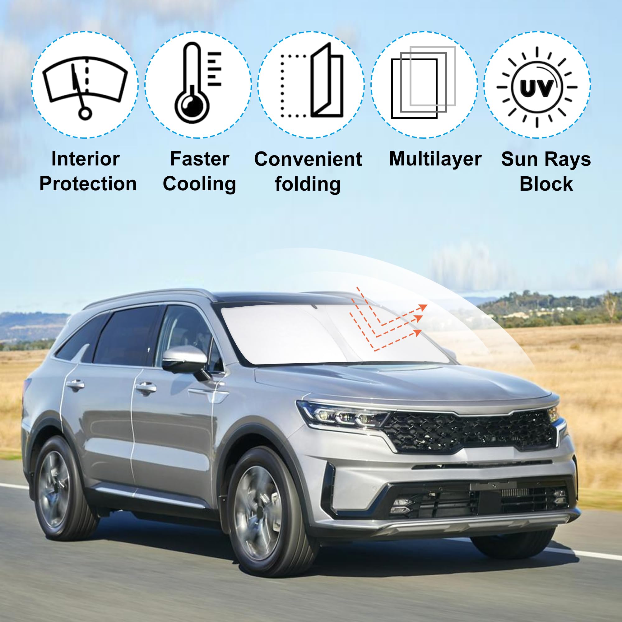 Yycke Windshield Sun Shade Accessories Compatible With 2021-2024 2025 Sorento Suv For Kia Foldable Sunshade Sun Visor Blocks Uv