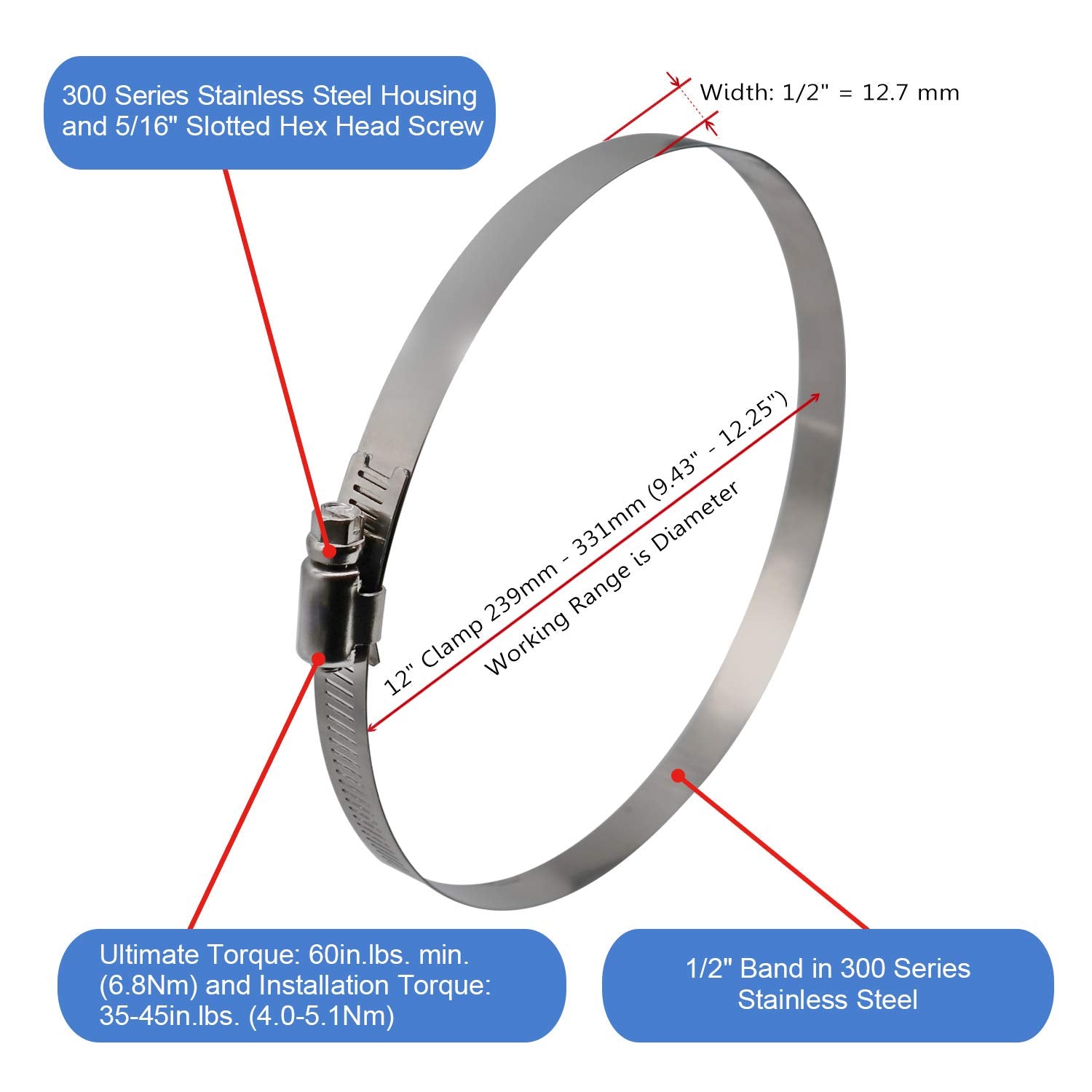 Roadformer 12'' Worm Gear Hose Clamp - Sae 188 Size, Full Stainless Steel With 1/2'' Band Working Range 239Mm - 311Mm Duct Clamp
