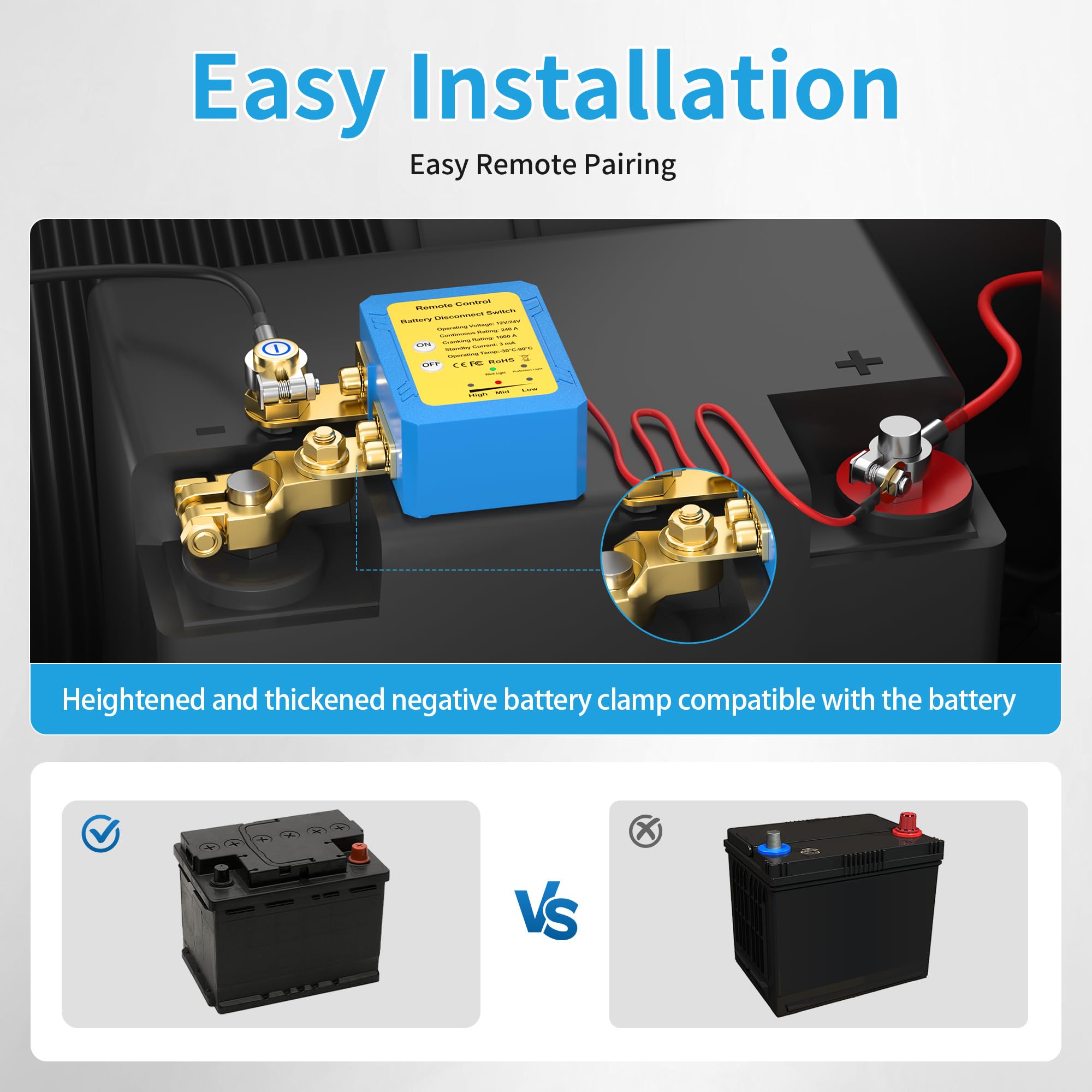 Joinfworld Remote Battery Disconnect Switch 12V 240A Kill Switch For Car Anti Theft Automatic Shut Off Switch With Wireless Remo