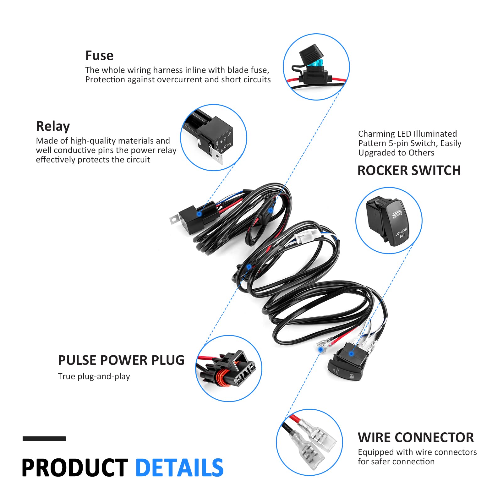 Wsays LED Light Bar Wiring Harness Kit Plug & Play 12V 1 Lead Pulse Power Bar Plug Connector Rocker Switch Compatible with Polar