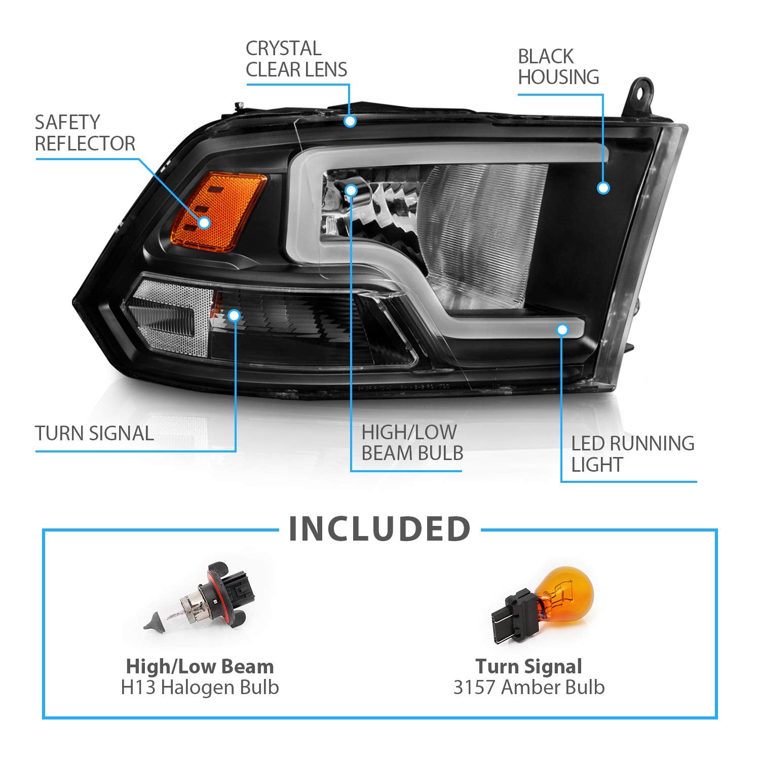 Amerilite For 2009-2018 Dodge Ram 1500 2500 3500 Truck Led Bar Black Replacement Headlights Pair - Driver And Passenger Side