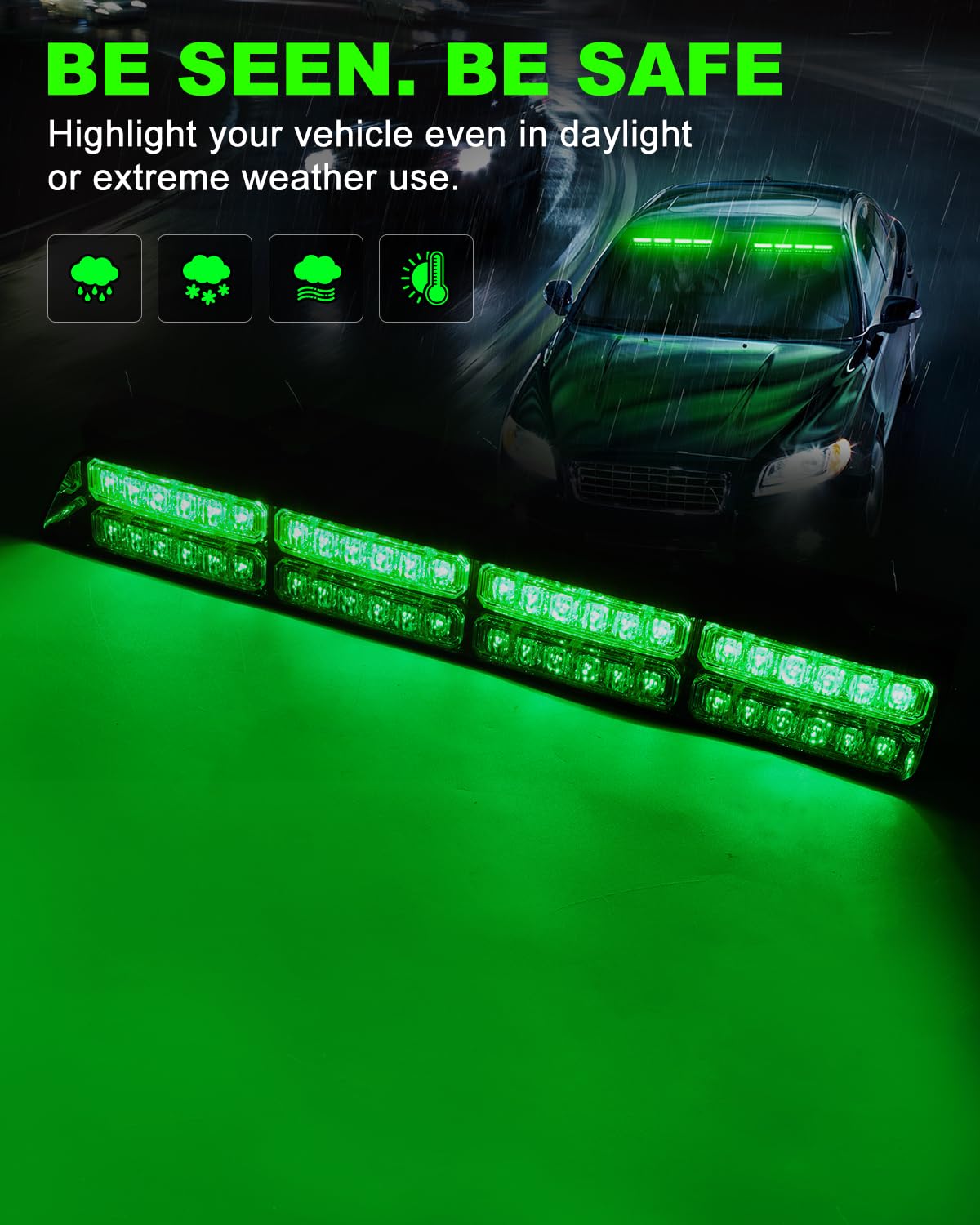 Hlauto 6Z4J Emergency Dash Strobe Lights: 2X16.8 Inch Green Safety Lights, 48 Led Flashing Warning Hazard Interior Windshield Vi
