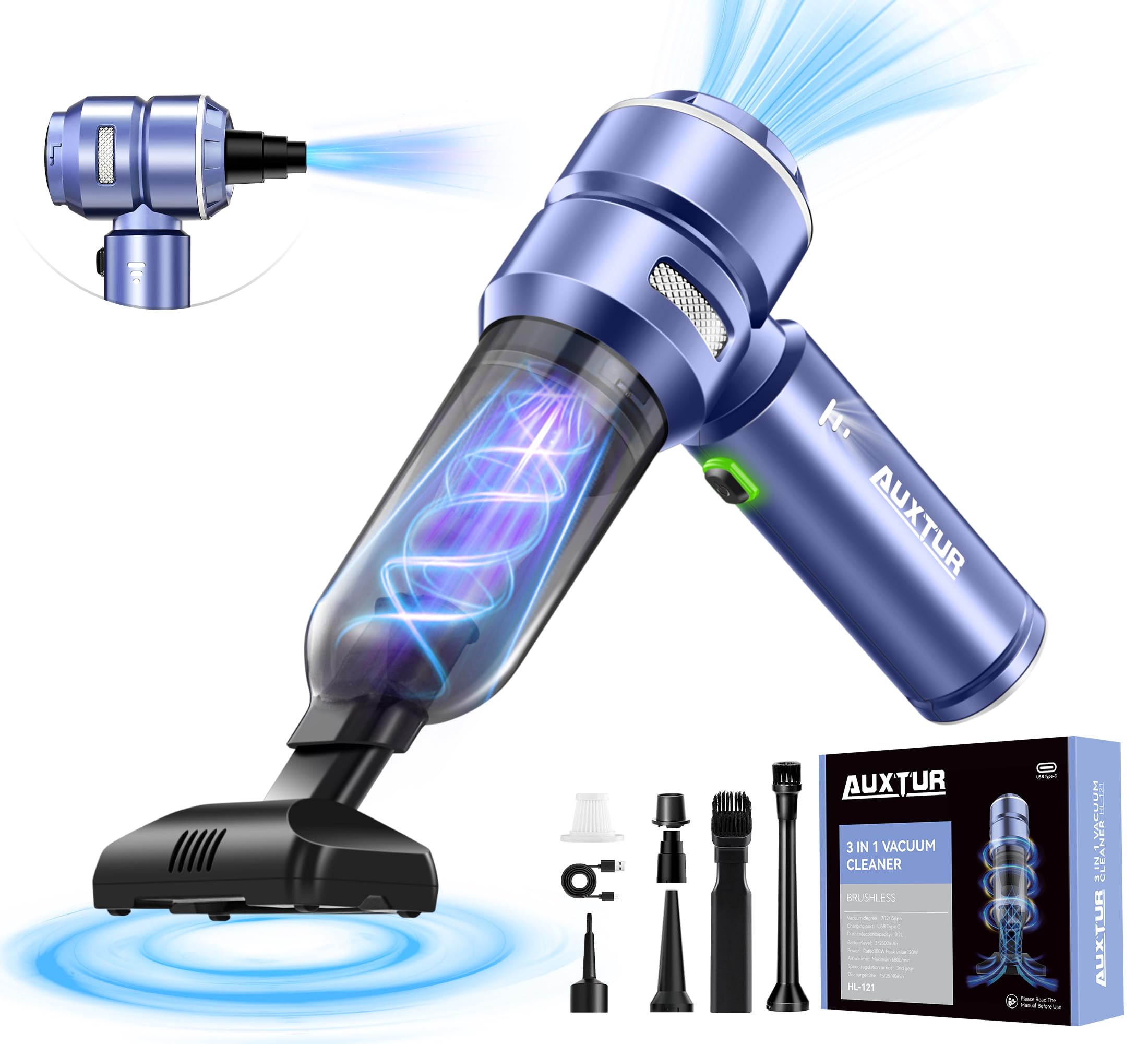 AUXTUR Handheld Cordless Car Vacuum-15000PA Mini Cleaner,3 in 1 High Power Brushless Motor,100W Super Suction Power Vacuums with