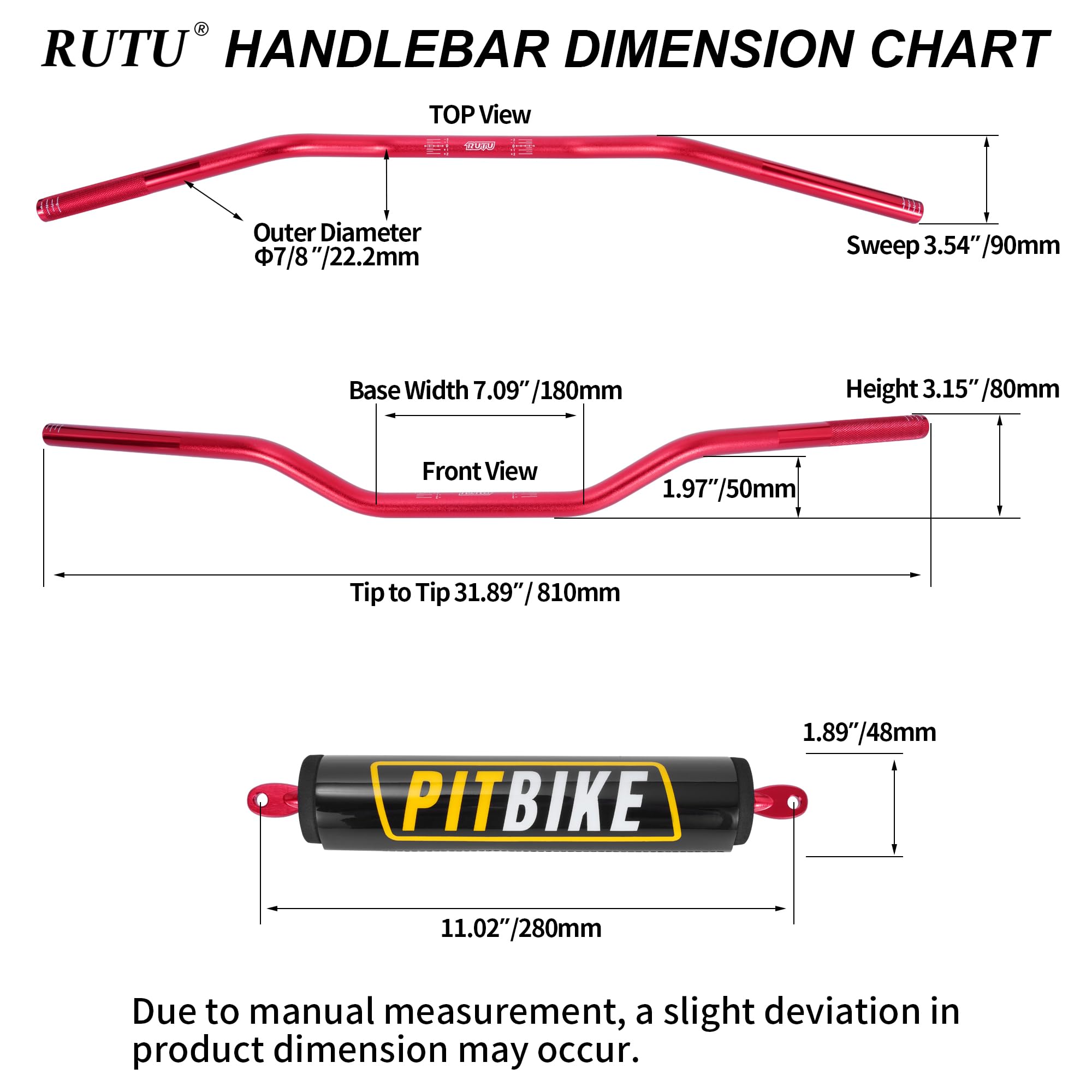 Motorcycle Handlebars 7/8 Inch,RUTU Universal Dirt Bike Handle Bar with Crossbar Pad Low-Rise Drag Bar for Motocross ATV Quad-Re