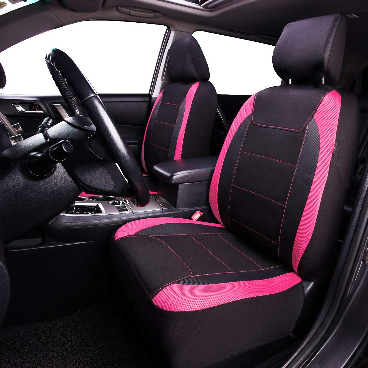 Flying Banner Car Seat Covers Quality Carbon Fiber Faux Leather Mesh Fabric Sport Low High Back Bucket Back Pocket Arm Rest Car Suv Truck Pick Up (2 Fronts - Low Bucket, Pink)