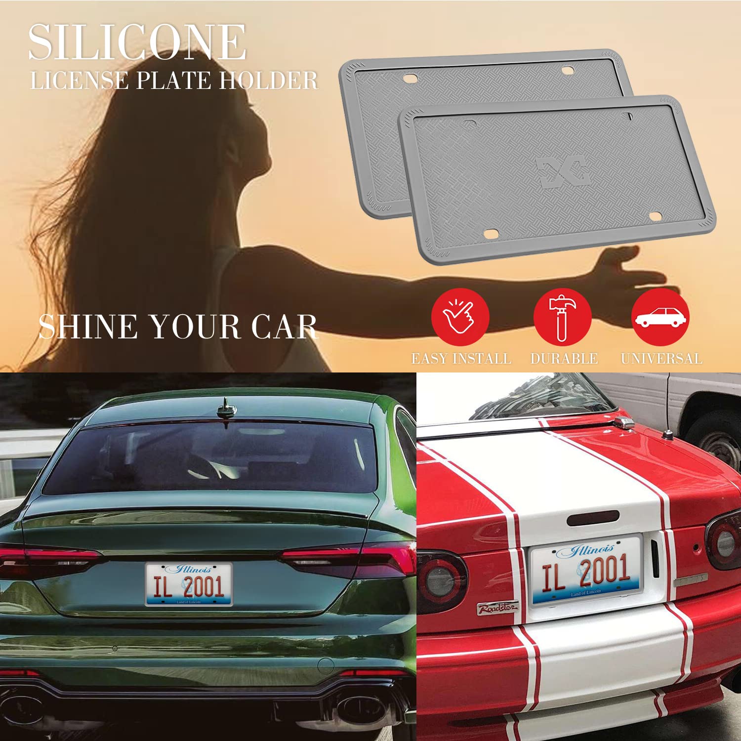 Xclpf Silicone Gray License Plate Frame Covers 2 Pack- Front And Back Car Plate Bracket Holders. Rust-Proof, Rattle-Proof, Weath