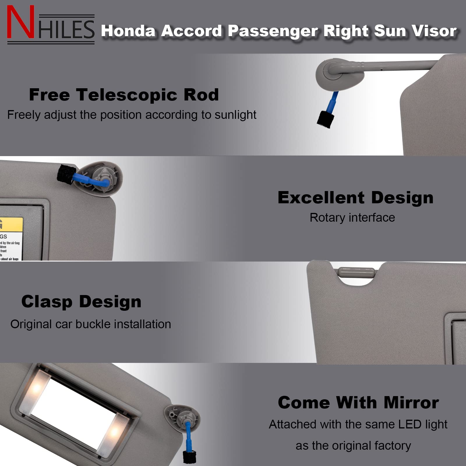 Passenger Right Sun Visor Compatible With Honda Accord 2008 2009 2010 2011 2012 2013 2014 2015 2016 2017 With Light Oem : 83230Ta0A91Za (Grey)