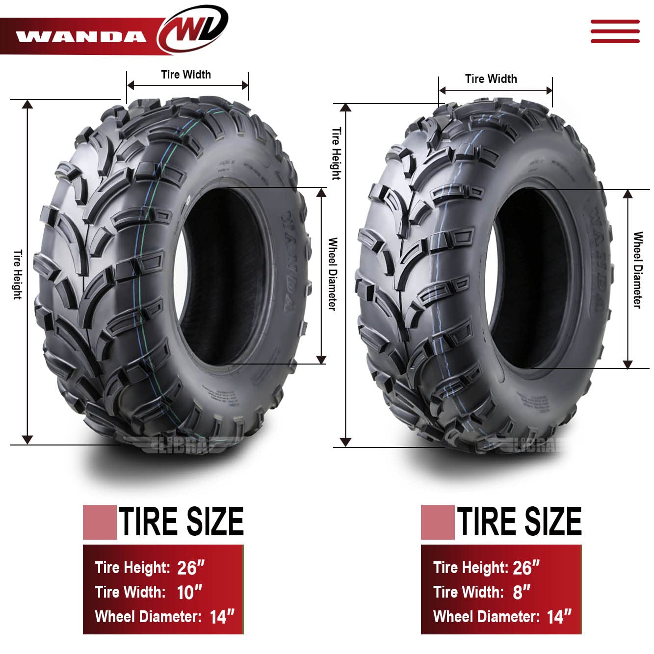 Wanda Set 4 Atv/Utv Tires 26X8-14 Front & 26X10-14 Rear /6Pr P373-10205/10206