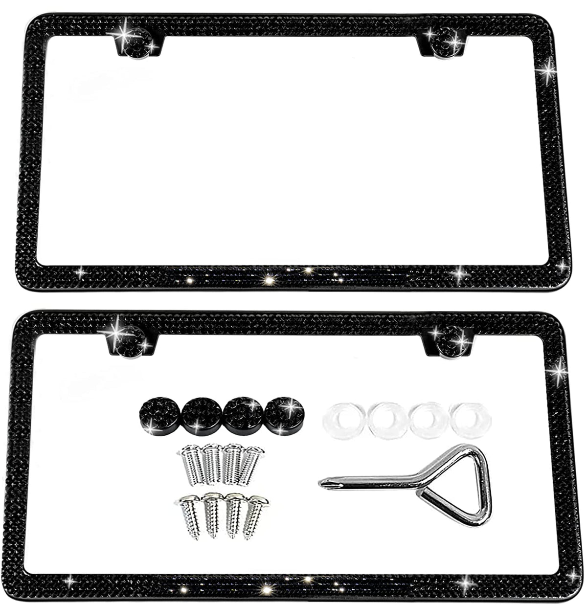 Sunplustrade Bling License Plate Frame For Women 2 Pack Sparkly License Plate Frames Bedazzled Diamond Rhinestone Crystals (Blac