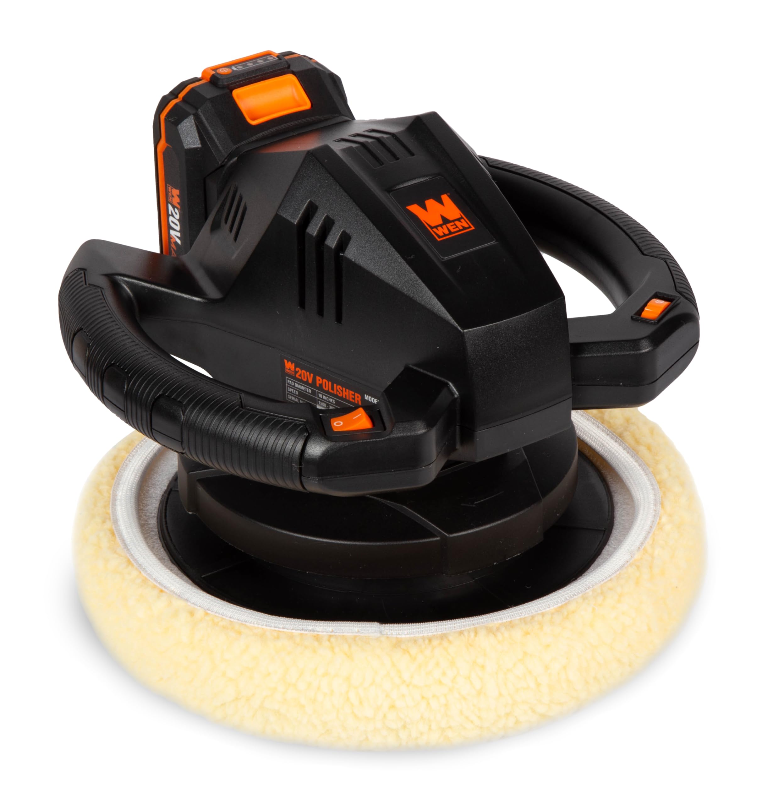 Wen 20V Max Cordless 10-Inch Random Orbital Polisher And Waxer Kit With 2Ah Battery, Charger, And Bonnets (20870)