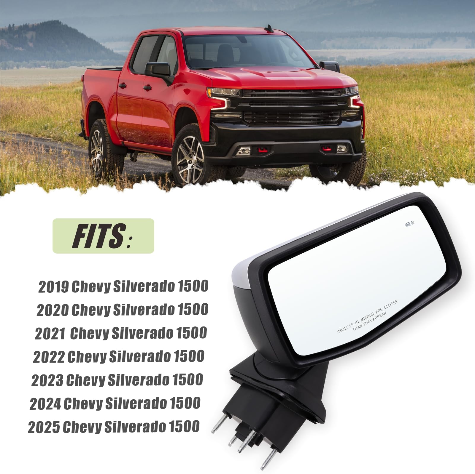 Lqito Right Passenger Side Mirror Compatible With 2019-2025 Chevy Silverado 1500 With Power Glass Manual Folding Temperature Sen