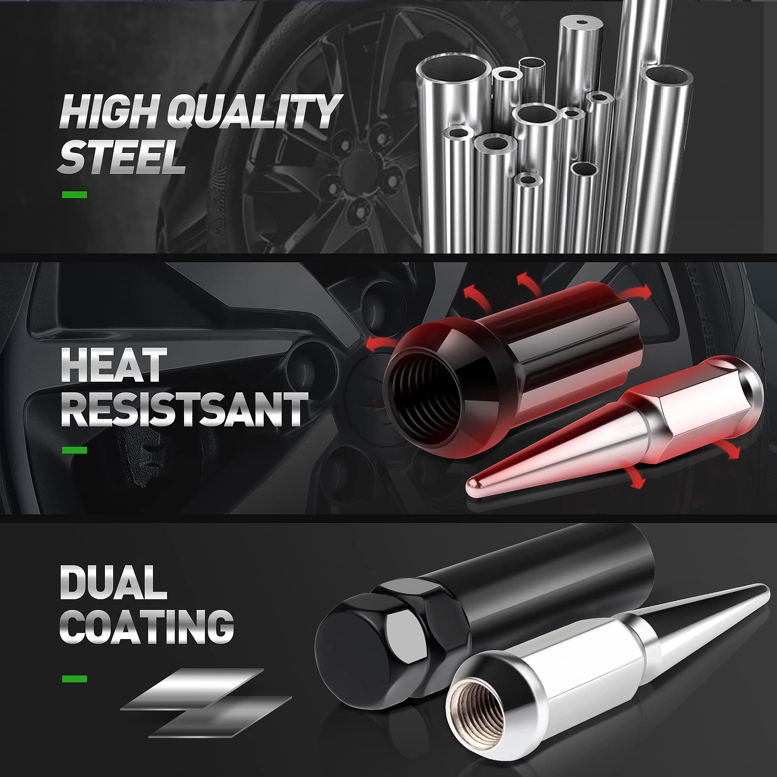 Scitoo 32Pcs+2Keys Black Wheel Lug Nuts Spline Closed End Socket Thread 9/16'' Lug Nut For Dodge