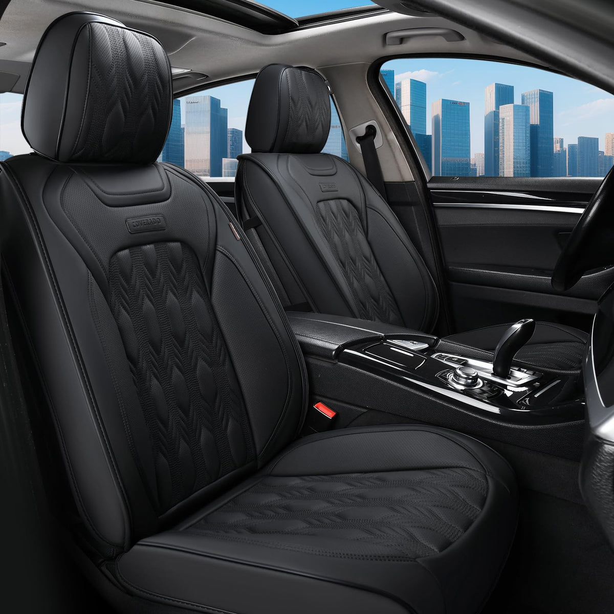 Coverado Front Car Seat Covers, 2 Pcs Waterproof Leather Seat Covers For Cars, Sideless Black Seat Covers Auto Seat Cushions Wit