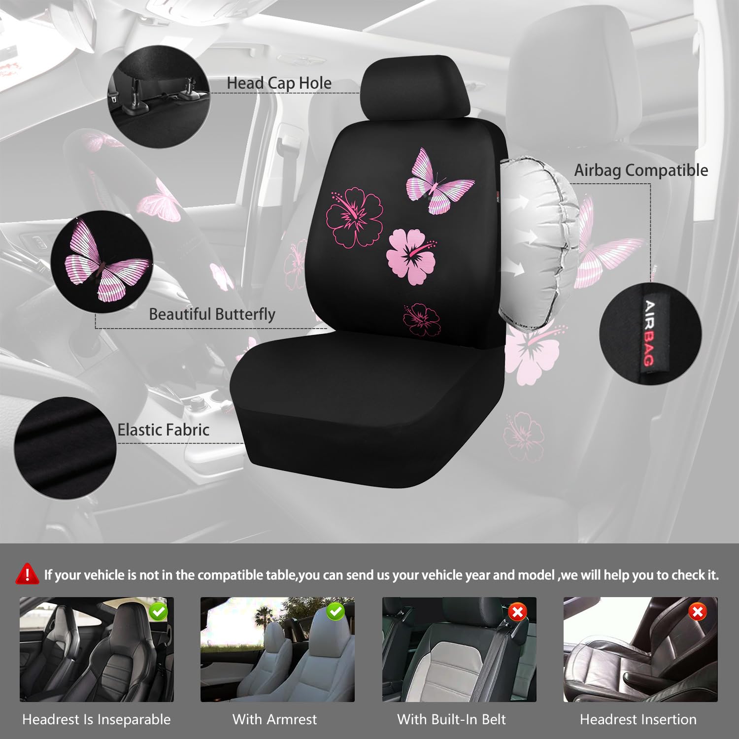 Car Pass Universal Cloth Butterfly Car Seat Covers Full Set, Embroidered Flower Waterproof Car Floor Mats Carpet, Butterflies St