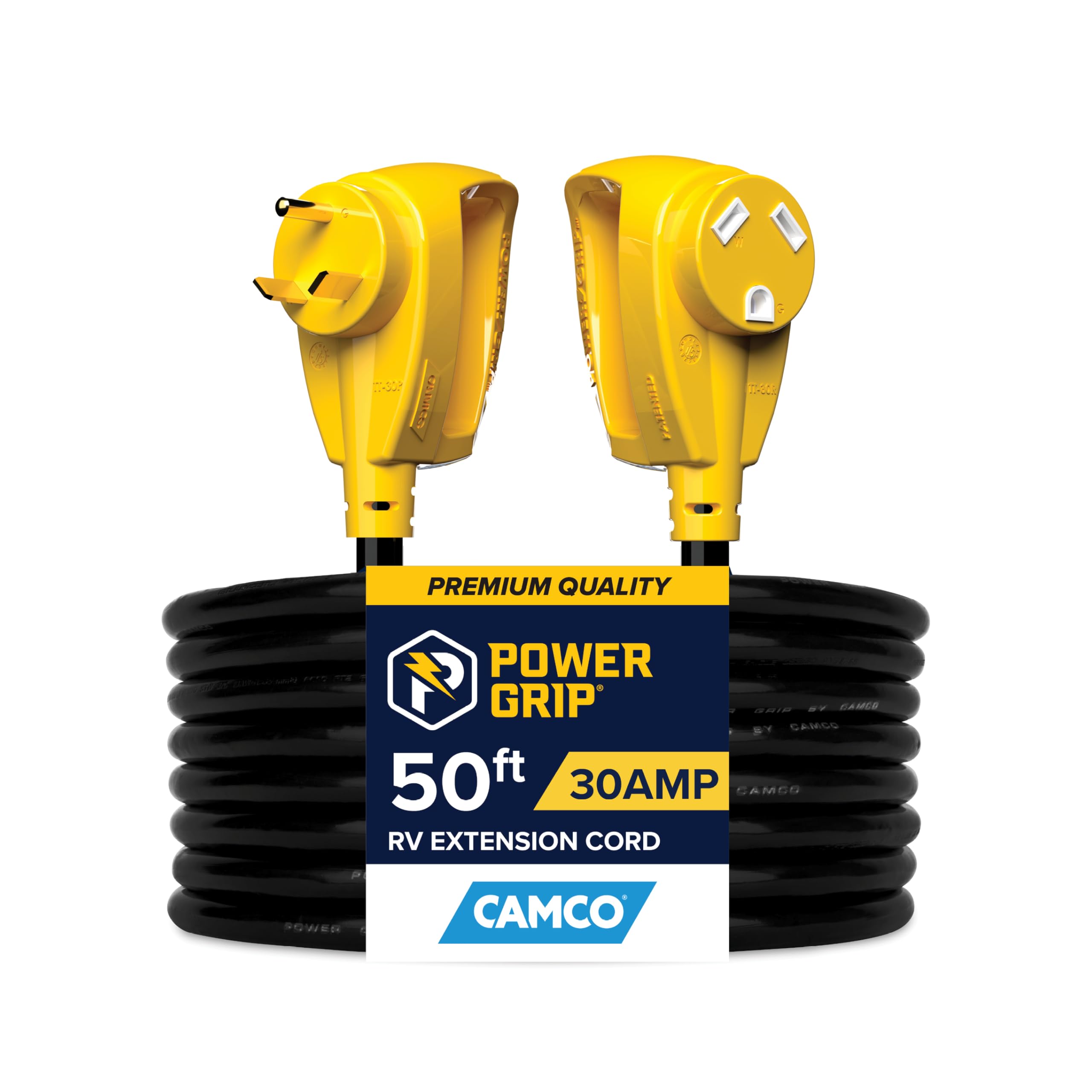 Camco PowerGrip 50-Ft 30-Amp Camper/RV Extension Cord - Standard 30-Amp Male & 30-Amp Female Connectors - Crafted of 10-Gauge Co