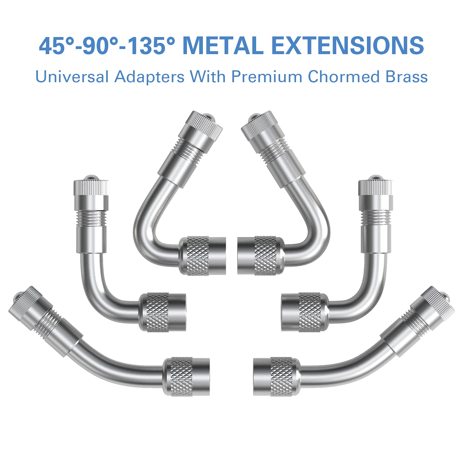 Ckauto 6 Pack 45 Degree 90 Degree 135 Degree Metal Valve Stem Extenders, Universal Valve Stem Extensions, Silver