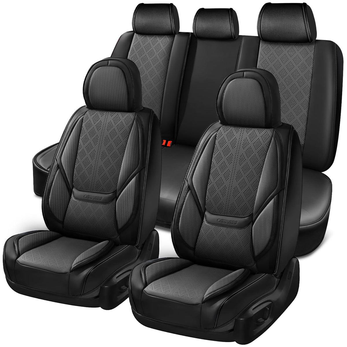 CAR PASS Nappa Leather Car Seat Covers 5 Seat, Luxury Lumbar Support Seat Cover Full Set, Waterproof Breathable Durable All Cove