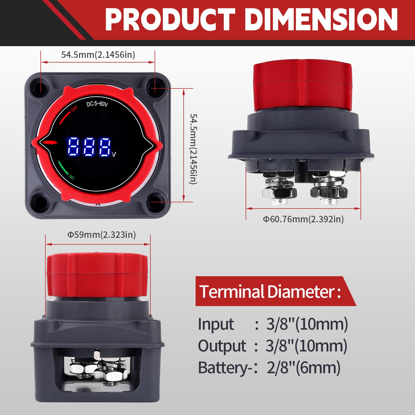 Awblin Upgrade Battery Disconnect Switch With Voltmeter, Dc 5-60V Master Isolator Cut/Shut Off Switch For Marine Boat Car Truck Camper Rv Trailer Vehicles Engine Application (On/Off)