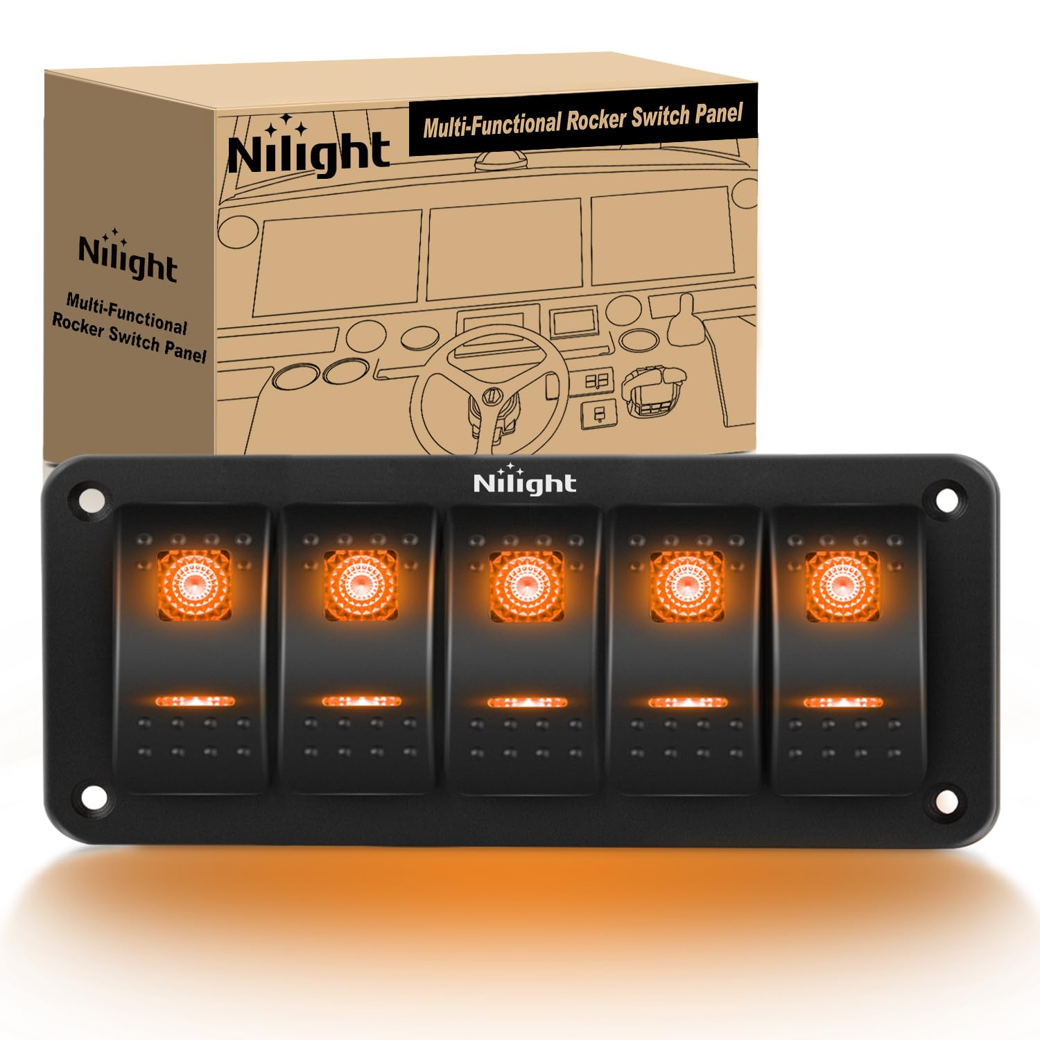 Nilight 5 Gang Rocker Switch Panel With Orange Led Light 5 Pin On Off Pre-Wired Rocker Switch Aluminum Panel Toggle Switch Panel
