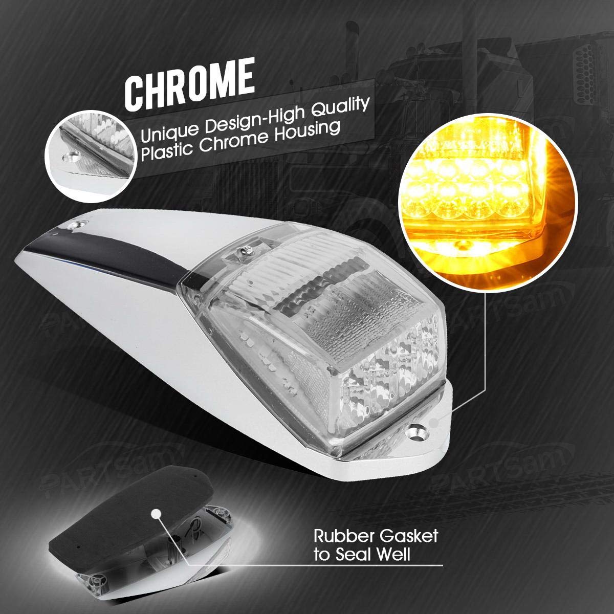 Partsam 5Pcs Clear Lens 31Led Amber Cab Marker Top Roof Running Lights W/Chrome Base Compatible With Peterbilt/Kenworth/Freightl