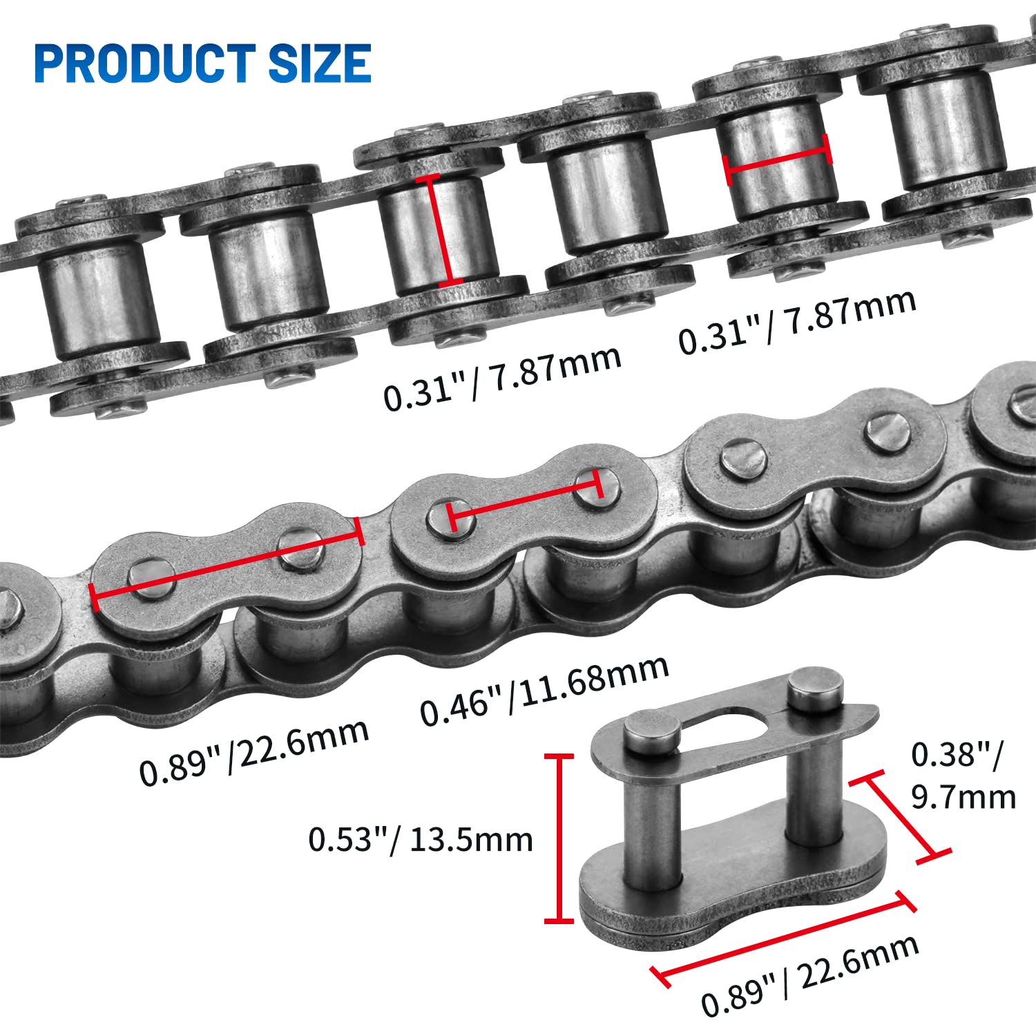 Belleone #40 Roller Chain - 10 Feet #40 Chain With 5 Connecting Links For Go Karts, Mini Bikes, Scooters, Motorcycles, Bycicles,