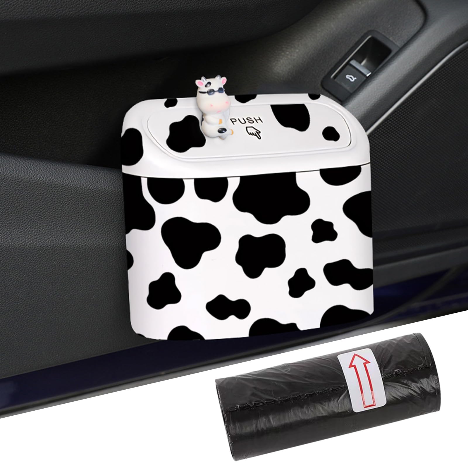SuperKaKa Car Cow Print Trash Can - White Garbage Organizer Holder with Black Trash Bag Rolls, Cute Automotive Dustbin for Most 